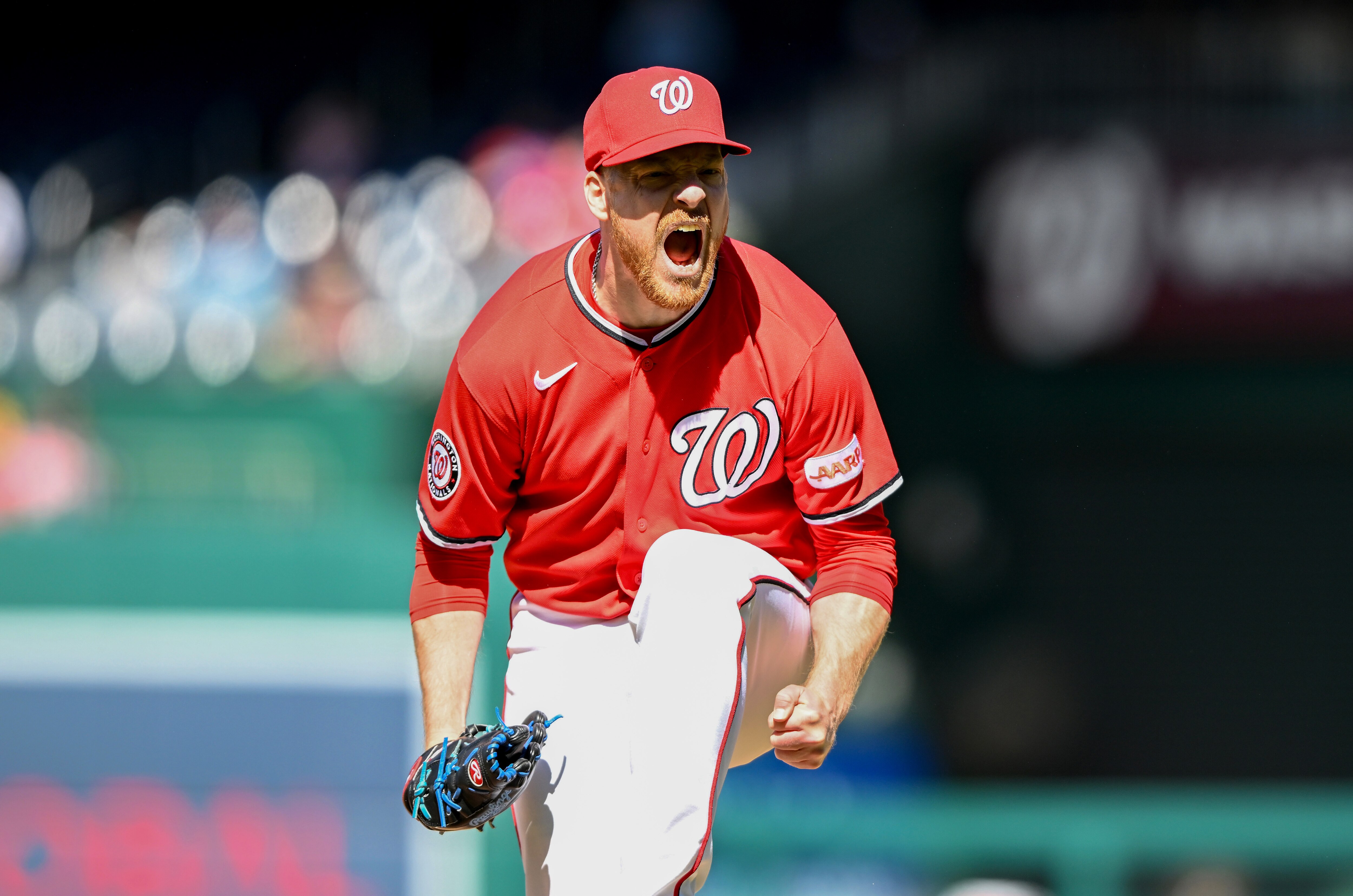 Richard Lovelady shouts after recording his first save of the season Sunday as the Nationals beat the Brewers 3-2.