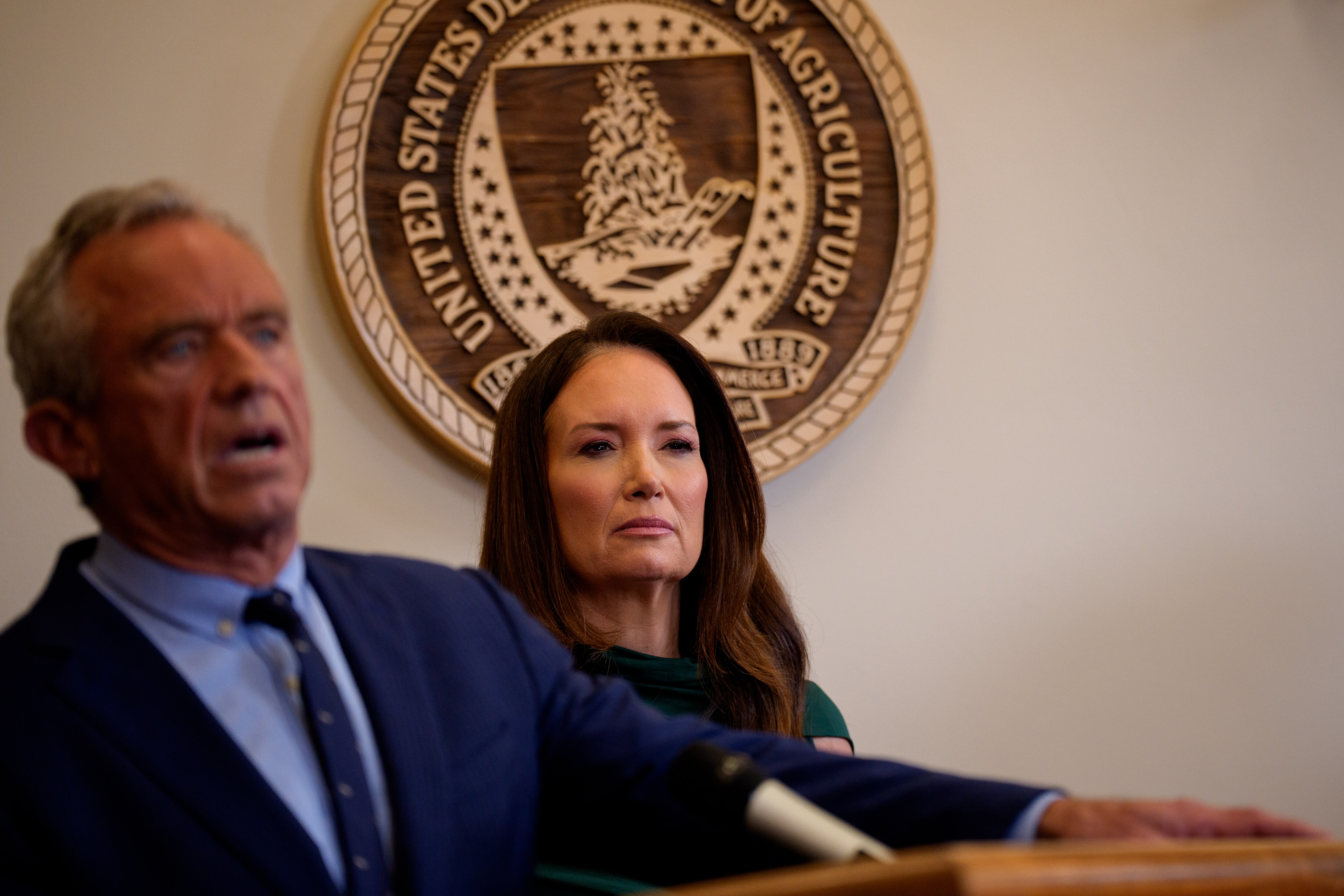 WASHINGTON, DC - JUNE 10: Health and Human Services Secretary Robert F. Kennedy Jr. (L), accompanied by U.S. Agriculture Secretary Brooke Rollins, speaks after Rollins signs three new SNAP food choice waivers for the states of Idaho, Utah, and Arkansas in her office at the United States Department of Agriculture Whitten Building on June 10, 2025 in Washington, DC. The wavers will limit what the Supplemental Nutrition Assistance Program can select as eligible foods, targeting unhealthy food.