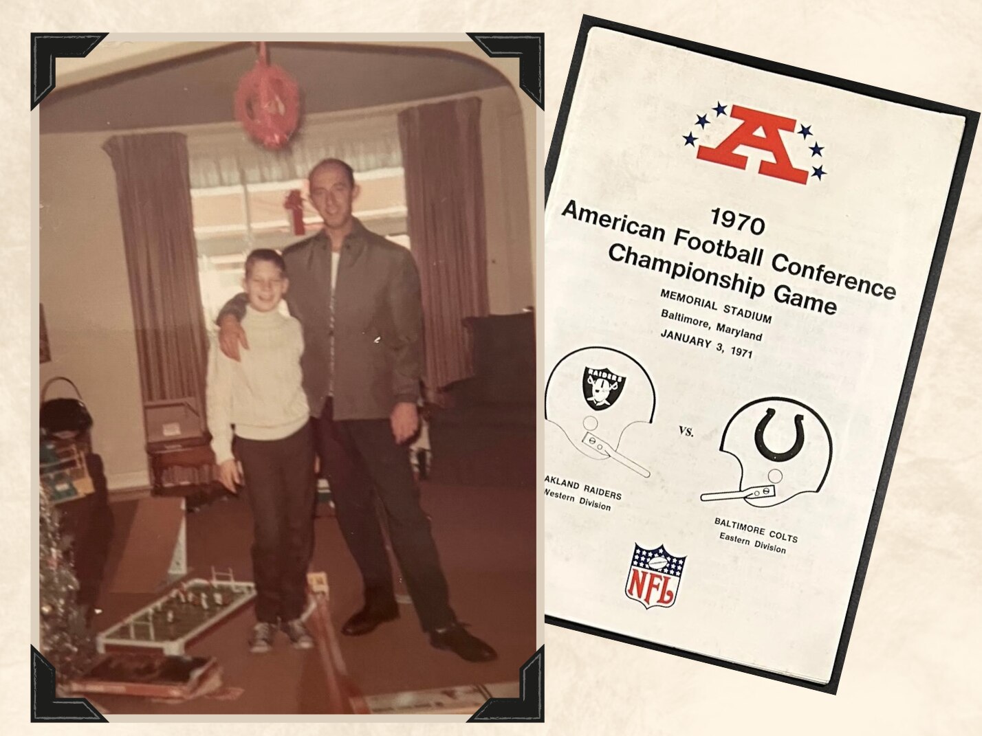 David Booze stands with his dad, Ron, on Christmas Day in 1970. The next day, the two Colts fans would attend the divisional round win against the Cincinnati Bengals. The following week, they were at Memorial Stadium for the AFC championship game.