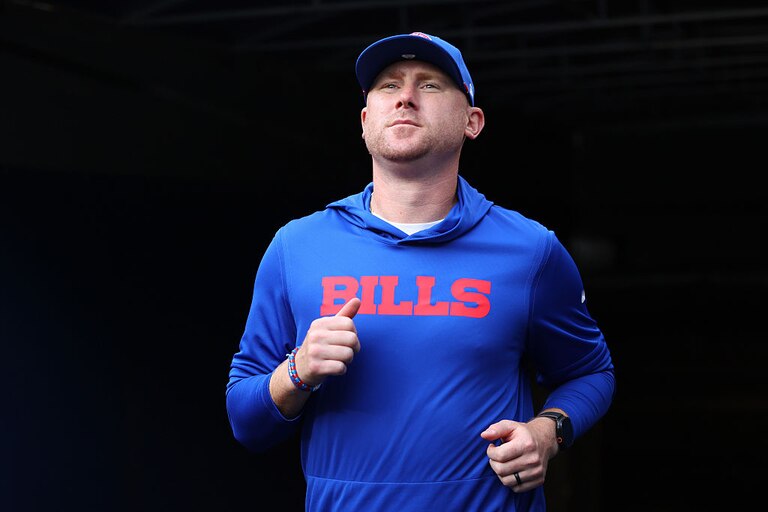 Buffalo Bills offensive coordinator Joe Brady takes the field prior to a preseason game against the Chicago Bears on Aug. 17.