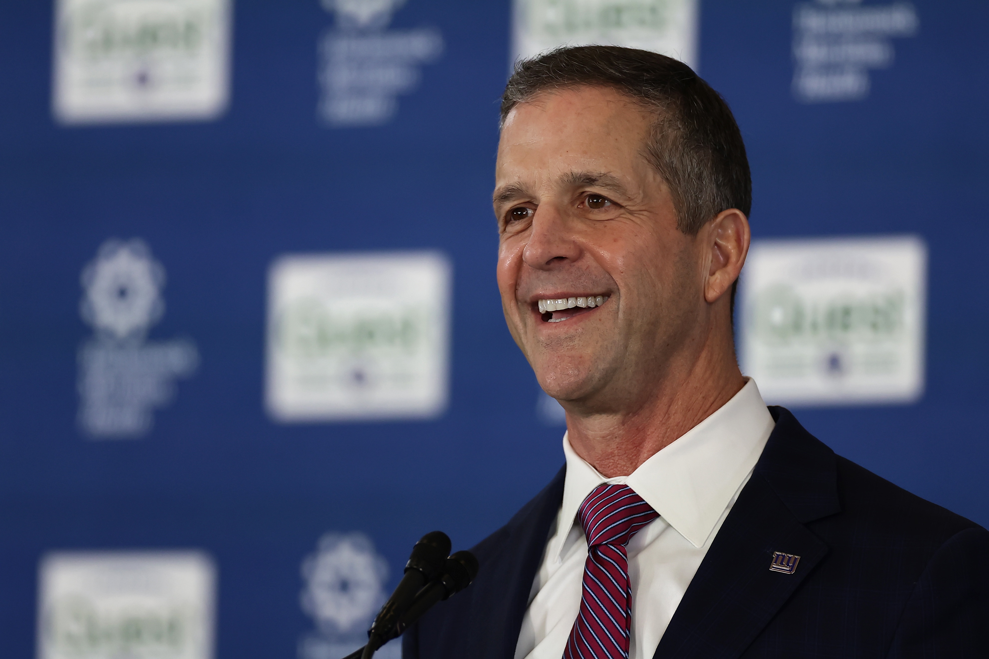 New York Giants head coach John Harbaugh speaks to the media after being introduced at the team's training facility on Tuesday.