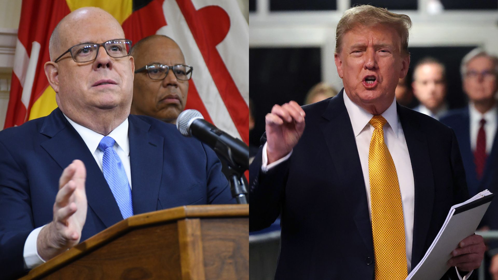 According to reports, former President Donald Trump, right, is backing the U.S. Senate campaign of former Maryland Gov. Larry Hogan.