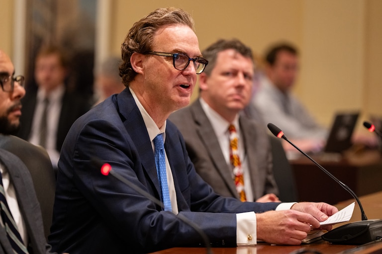 Chair of the Maryland Thoroughbred Racetrack Operating Authority Greg Cross speaks during a hearing about plans for Pimlico Race Course with the House of Delegates Ways and Means Committee in Annapolis, Md. on Tuesday, March 19, 2024.