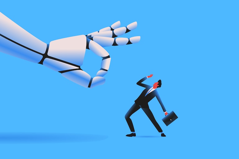 Giant robot flicking tiny man. Ai technologies and unemployment problem concept. Vector illustration.