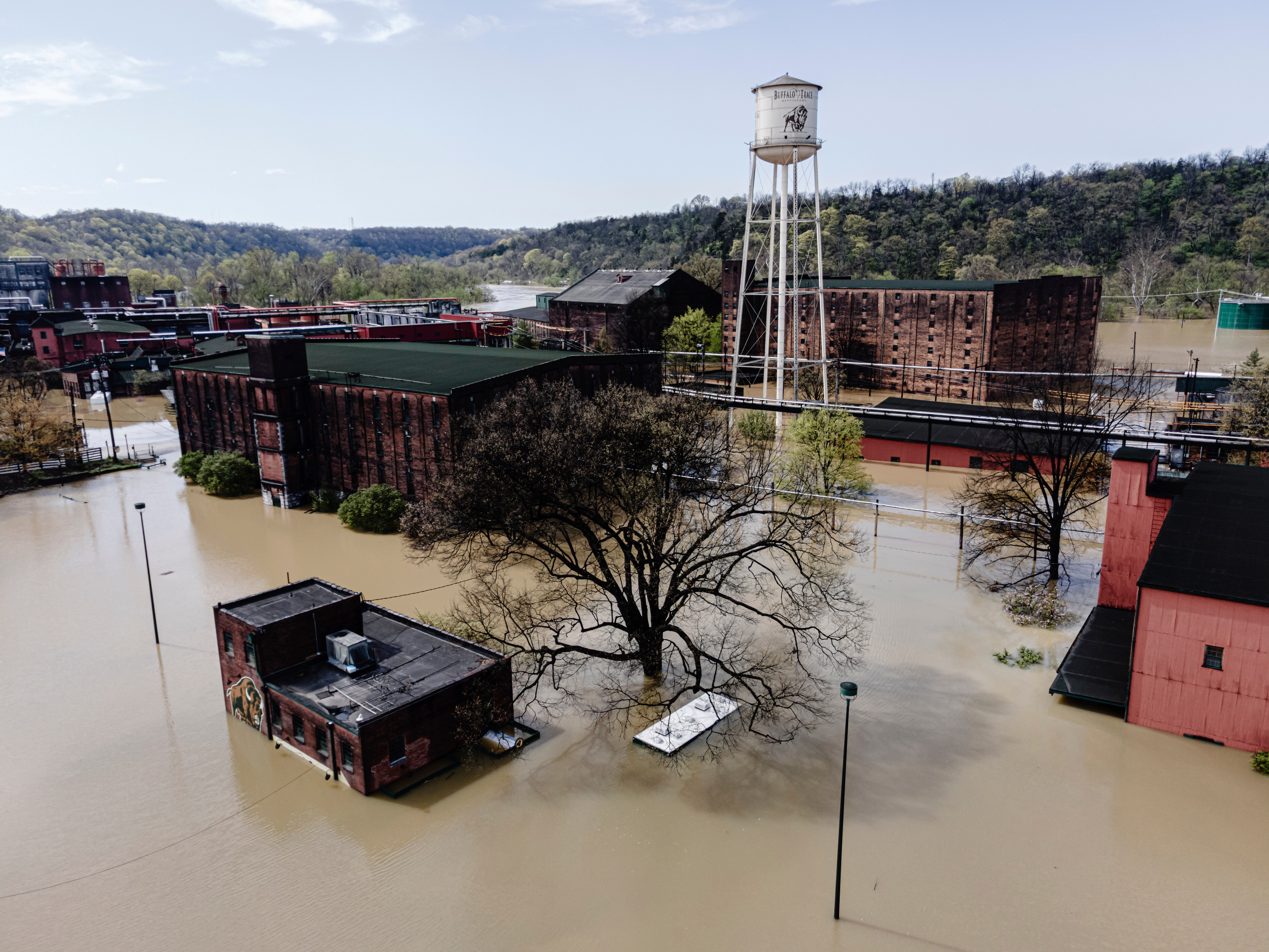 In an aerial view, the flooded Buffalo Trace Distillery is seen on Monday, April 7, 2025, in Frankfort, Ky.