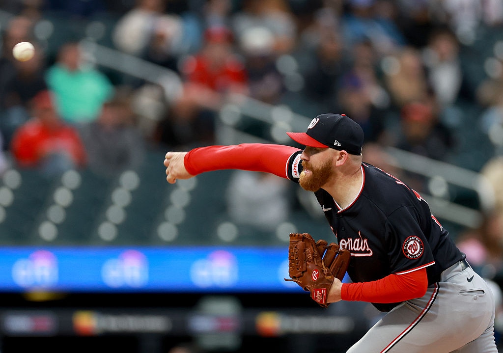 Washington Nationals starter Zack Littell delivers a pitch to Bo Bichette of the New York Mets in the first inning.