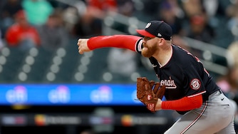Washington Nationals starter Zack Littell delivers a pitch to Bo Bichette of the New York Mets in the first inning.