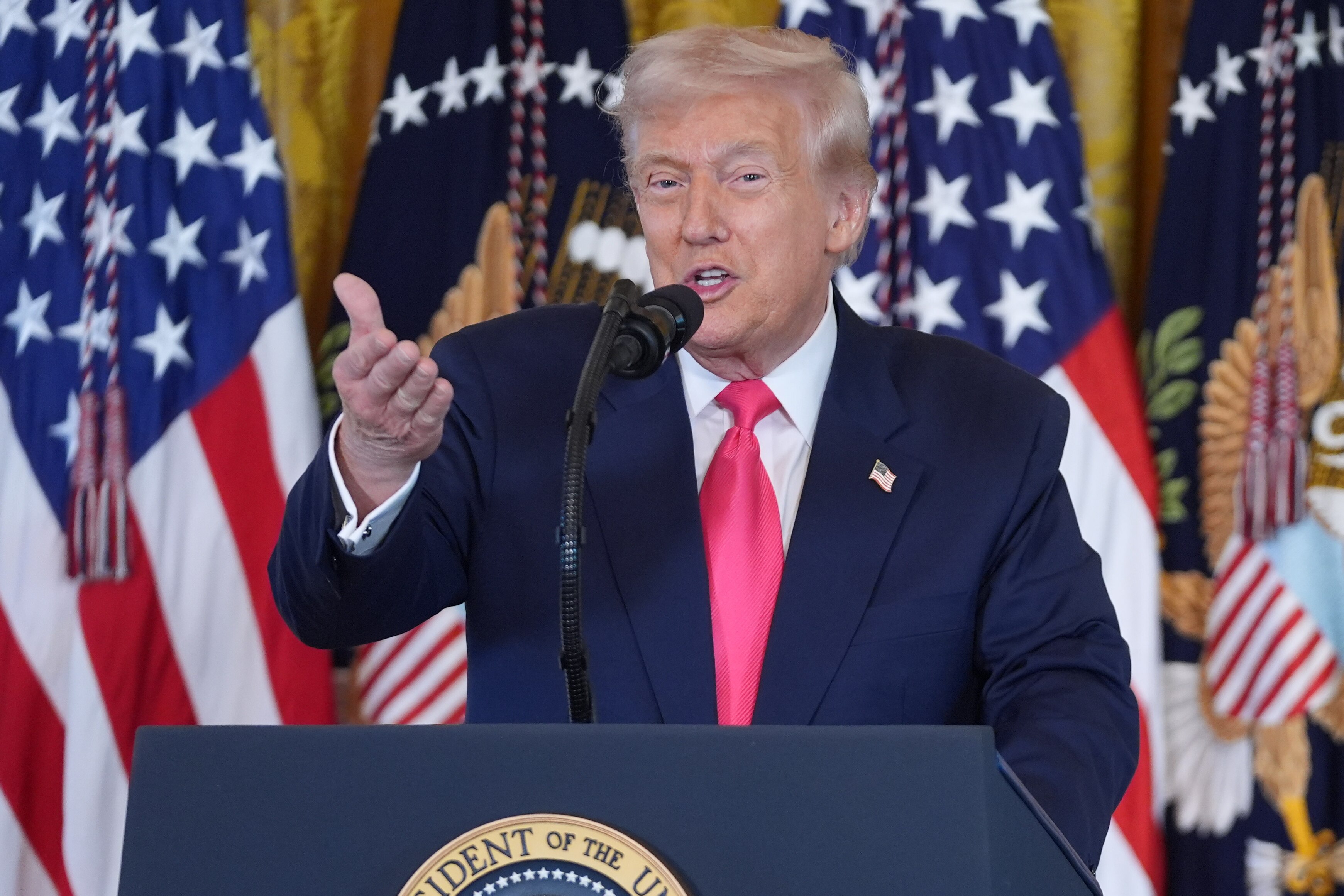 President Donald Trump speaks during an event on foster care in the East Room of the at the White House, Thursday, Nov. 13, 2025, in Washington. (AP Photo/Evan Vucci)