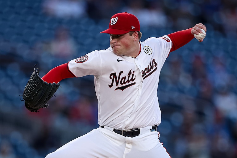 Washington Nationals left-hander Jackson Kent pitches against the Philadelphia Phillies during the first inning.