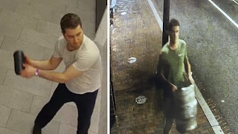 Surveillance photos released by police show a suspect accused of property damage in Washington, D.C., including throwing a keg through the front window of a business on the 3300 block of M Street, Northwest.