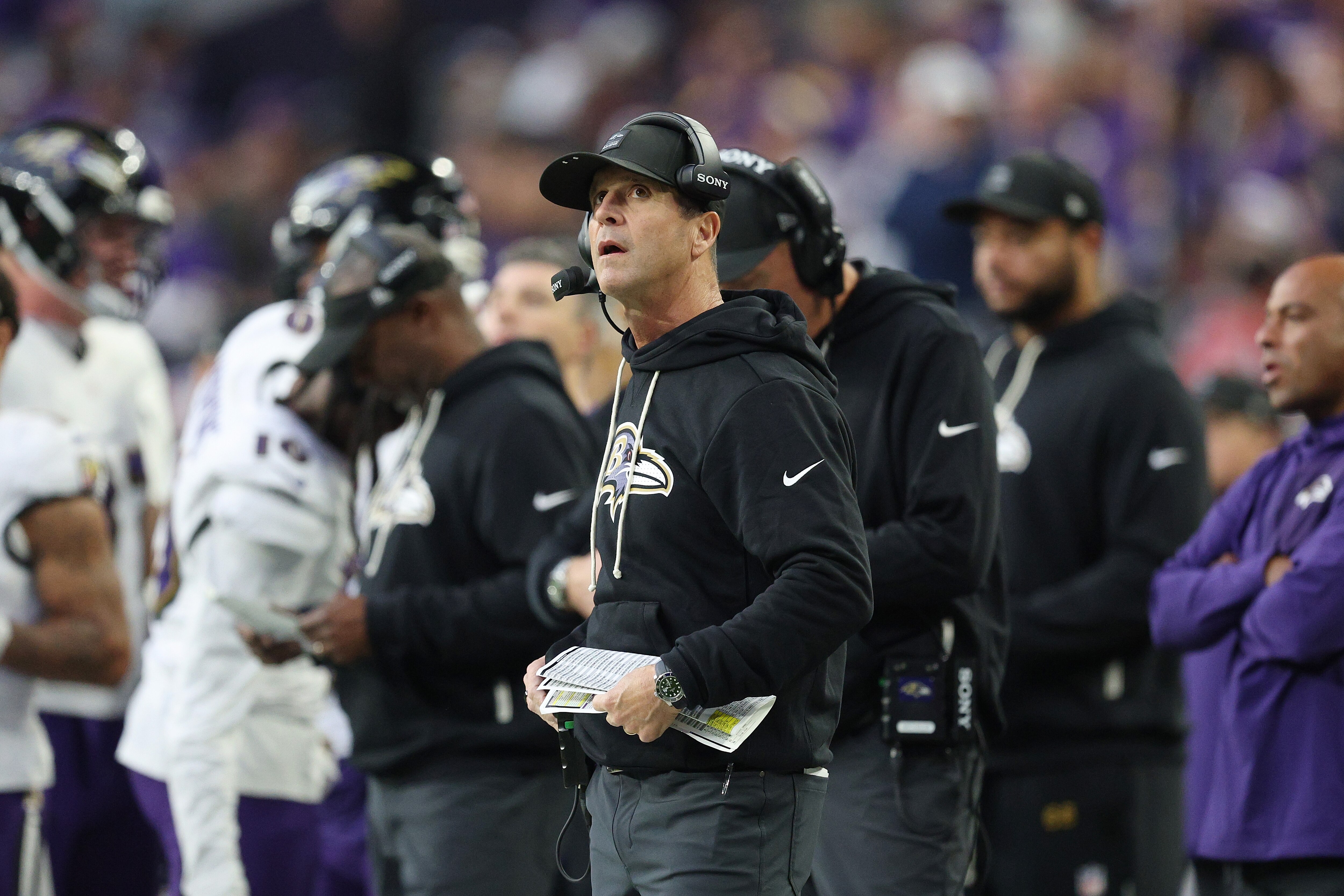 MINNEAPOLIS, MINNESOTA - NOVEMBER 09: Head coach John Harbaugh of the Baltimore Ravens looks on during the fourth quarter in the game against the Minnesota Vikings at U.S. Bank Stadium on November 09, 2025 in Minneapolis, Minnesota.
