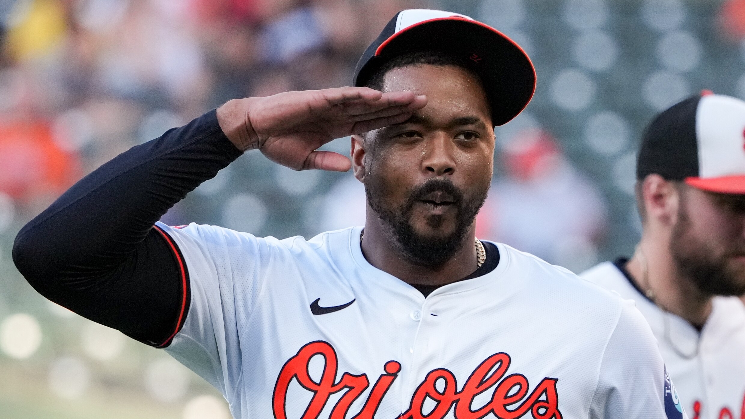Baltimore Orioles designated hitter Eloy Jiménez (72) gives a salute to the crowd during pregame warmups before taking on the Chicago White Sox at Camden Yards in Baltimore on September 3, 2024.