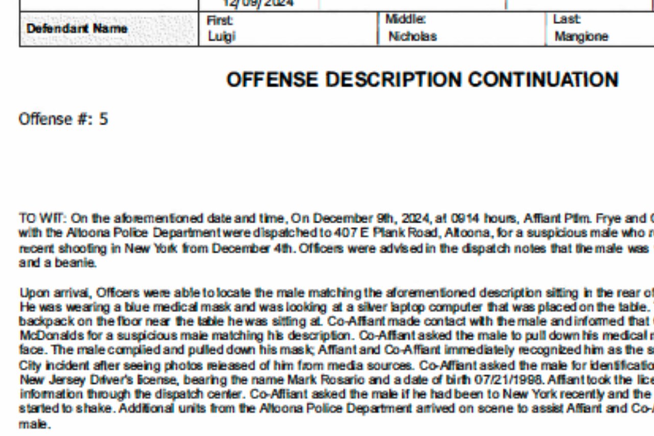 A screengrab of the charging documents in Luigi Mangione's ghost gun case.