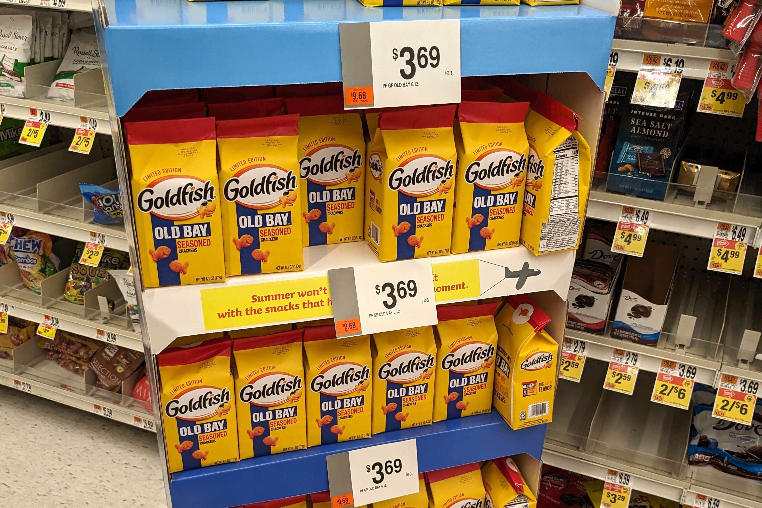Old Bay Goldfish crackers on the shelves at the Giant grocery store in Hampden.