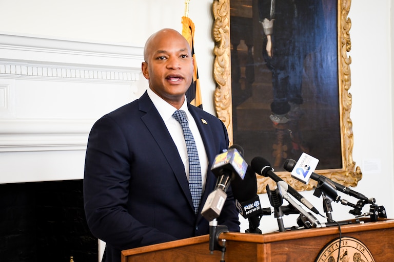Gov. Wes Moore speaks with reporters at the State House in Annapolis on Friday, Jan. 16, 2026.