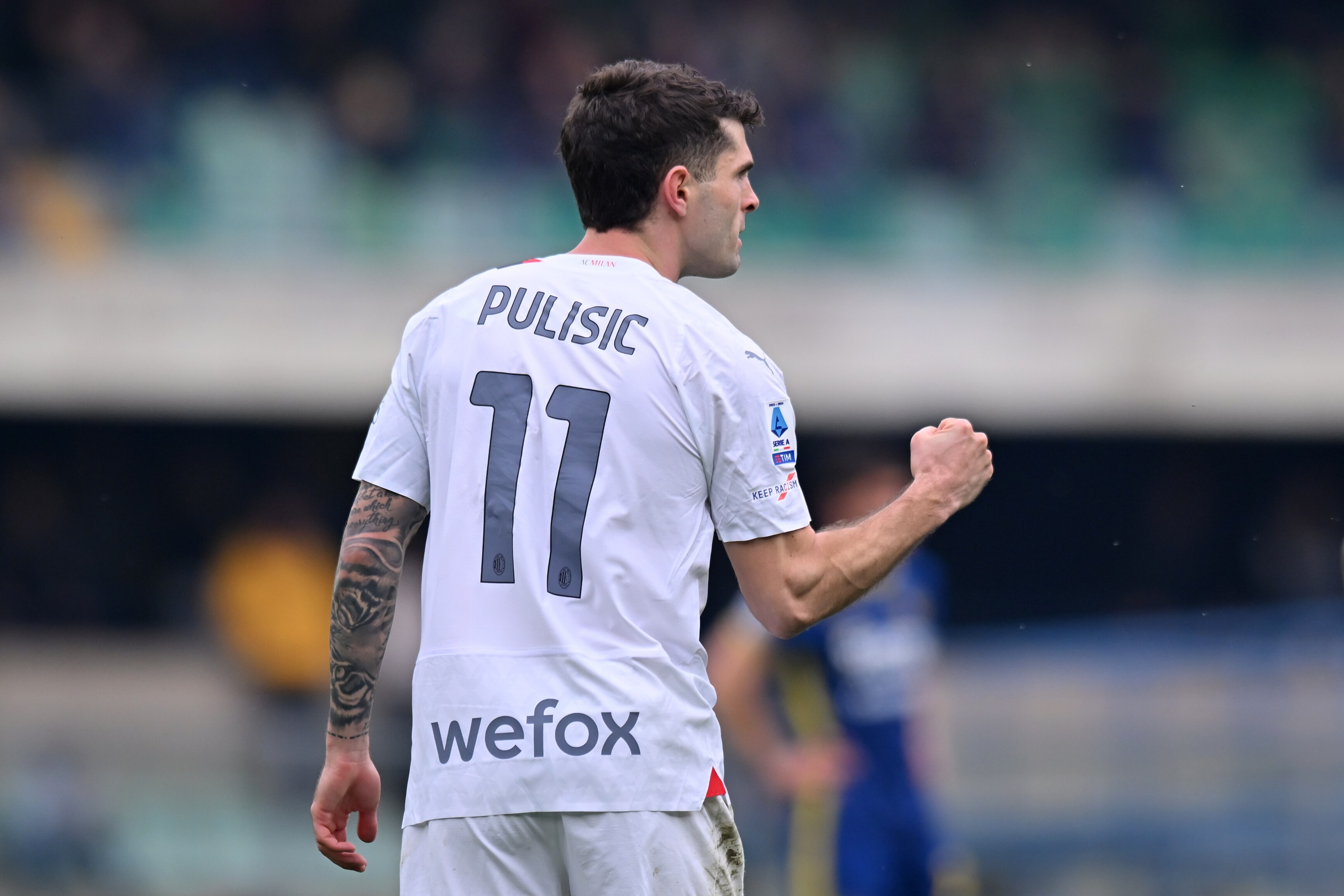 Christian Pulisic of AC Milan reacts during the Serie A TIM match between Hellas Verona FC and AC Milan at Stadio Marcantonio Bentegodi on March 17, 2024 in Verona, Italy.