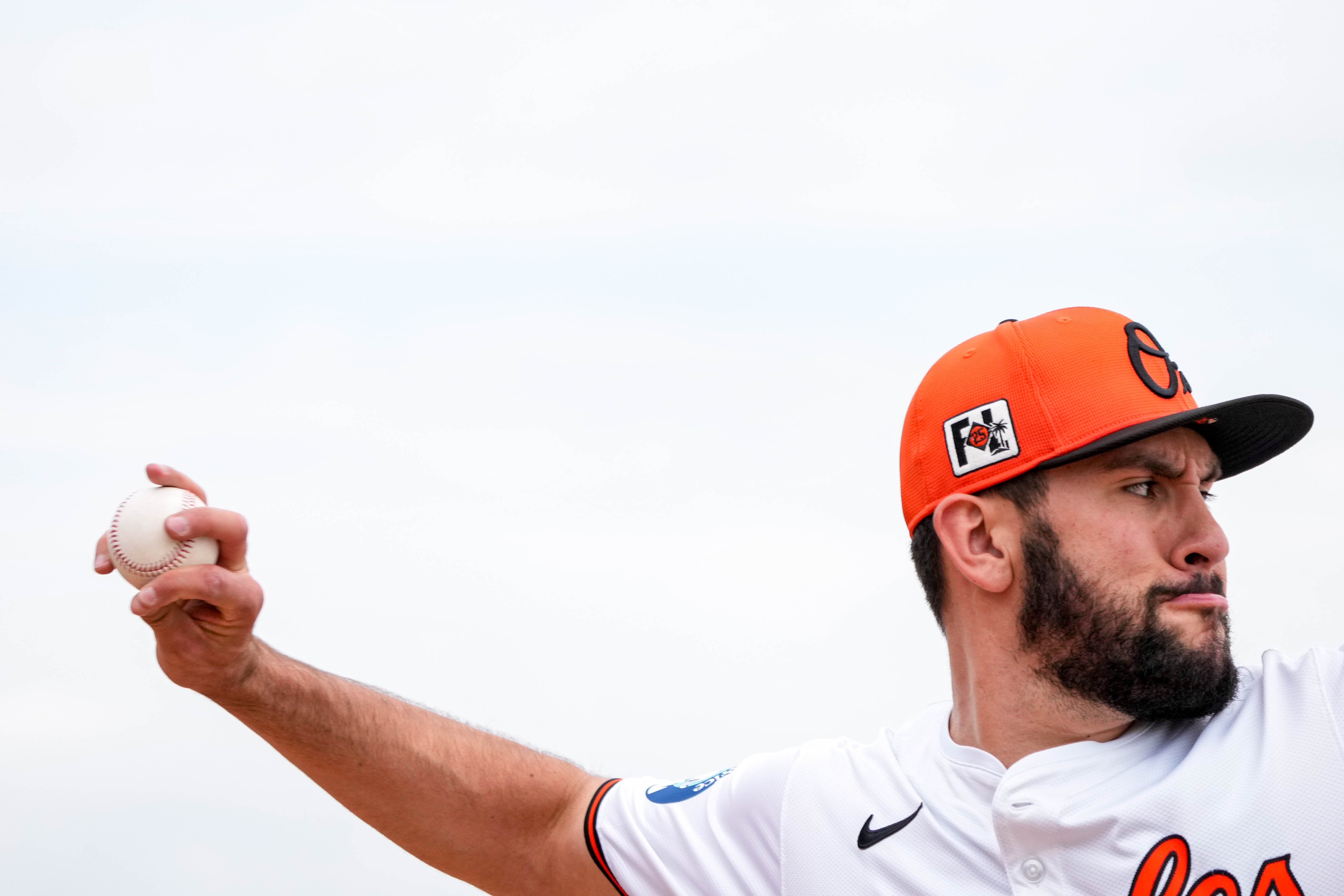 Baltimore Orioles pitcher Grayson Rodriguez (30) throws a bullpen session during Spring Training at Ed Smith Stadium in Sarasota, Fla. on Saturday, February 22, 2025.
