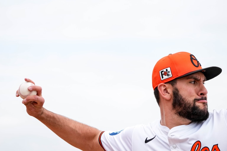 Baltimore Orioles pitcher Grayson Rodriguez (30) throws a bullpen session during Spring Training at Ed Smith Stadium in Sarasota, Fla. on Saturday, February 22, 2025.
