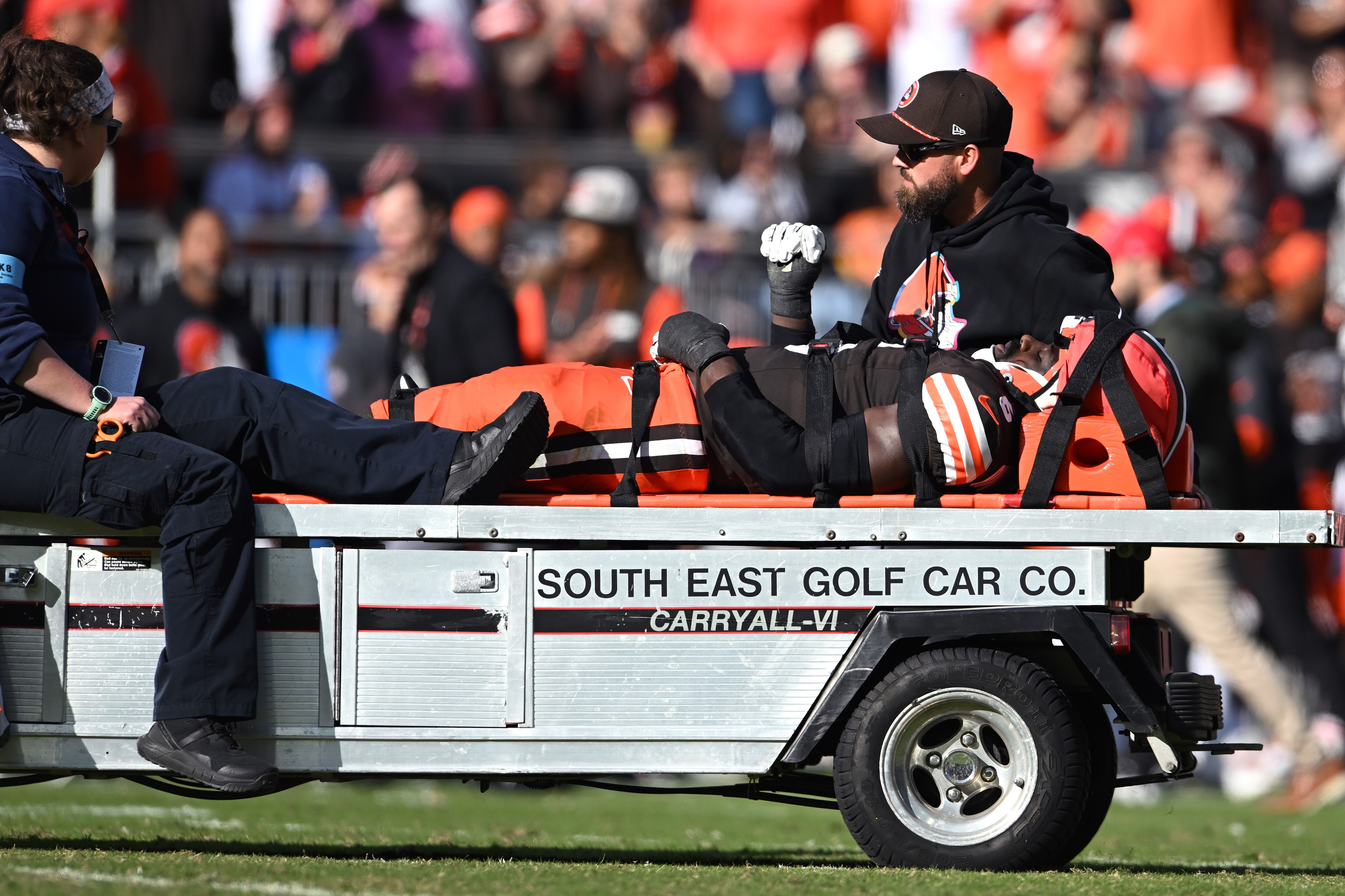 Jeremiah Owusu-Koramoah is taken from the field after he was injured Sunday against the Ravens.
