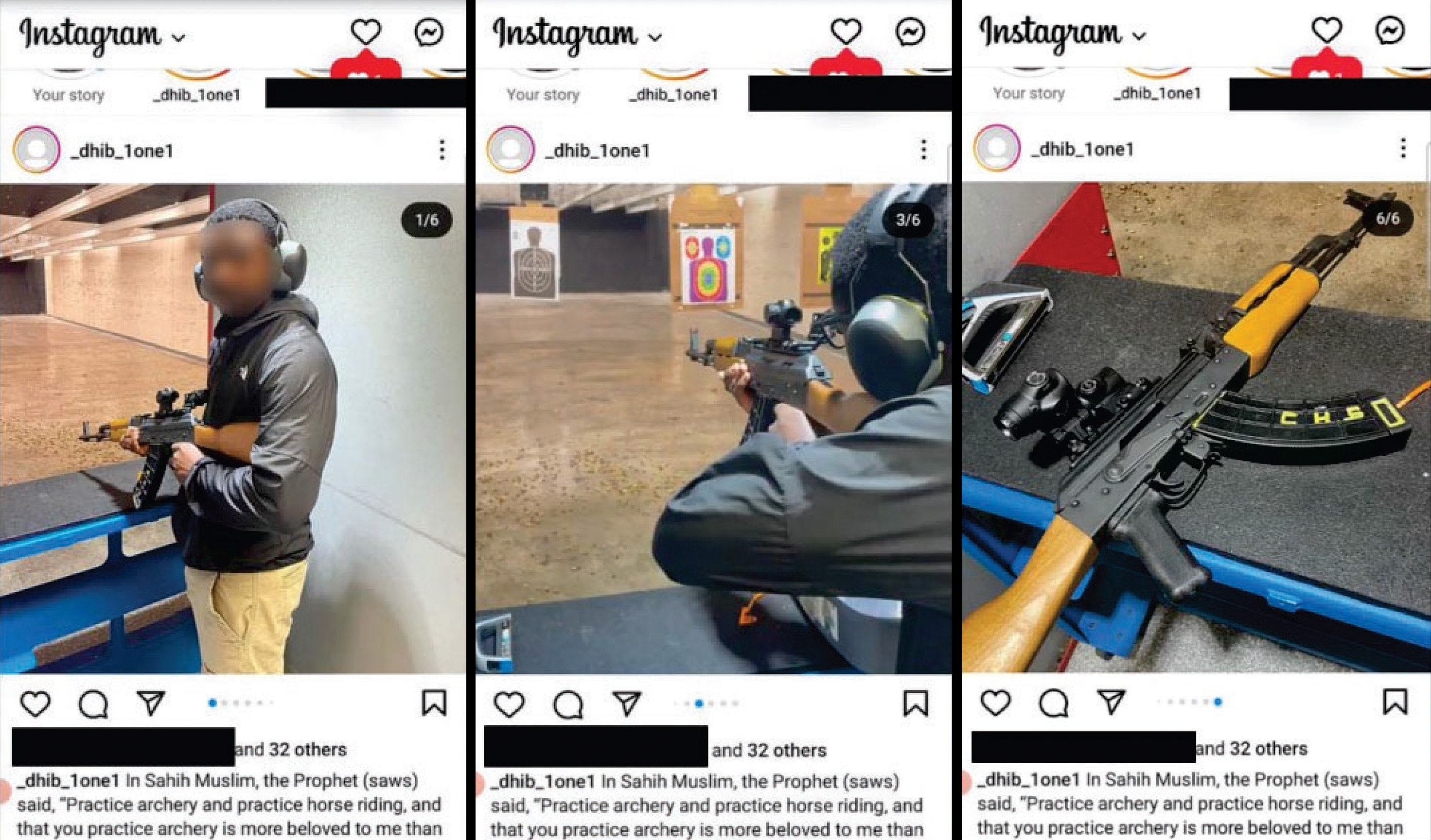 In a series of instagram posts, including one that was blurred on original posting, the FBI identifies Michael Sam Teekaye  Jr. posting from a gun range in Severn. The black bars were added in the affidavit.