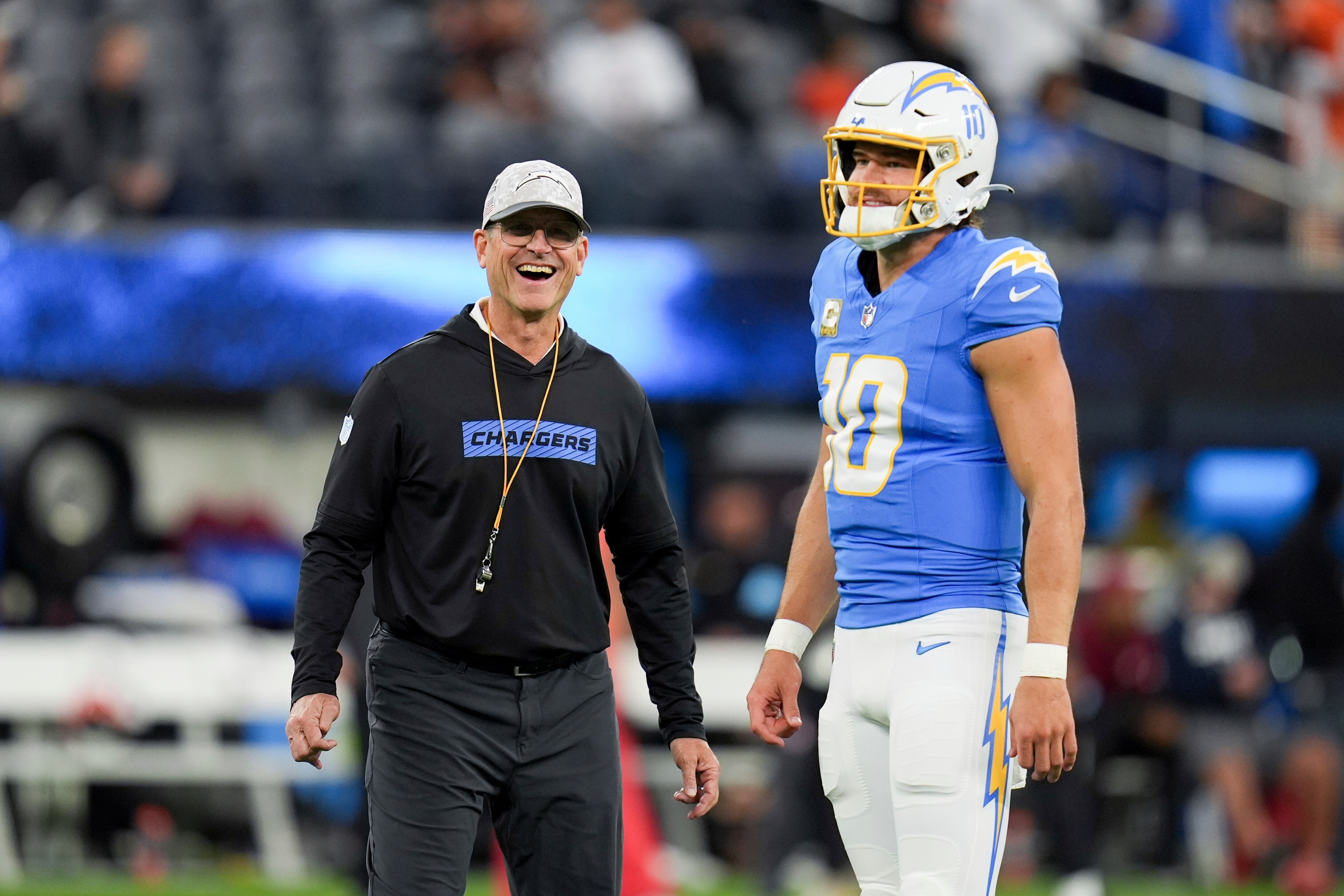 Head coach Jim Harbaugh and quarterback Justin Herbert have the Chargers in the playoff picture at 7-3.