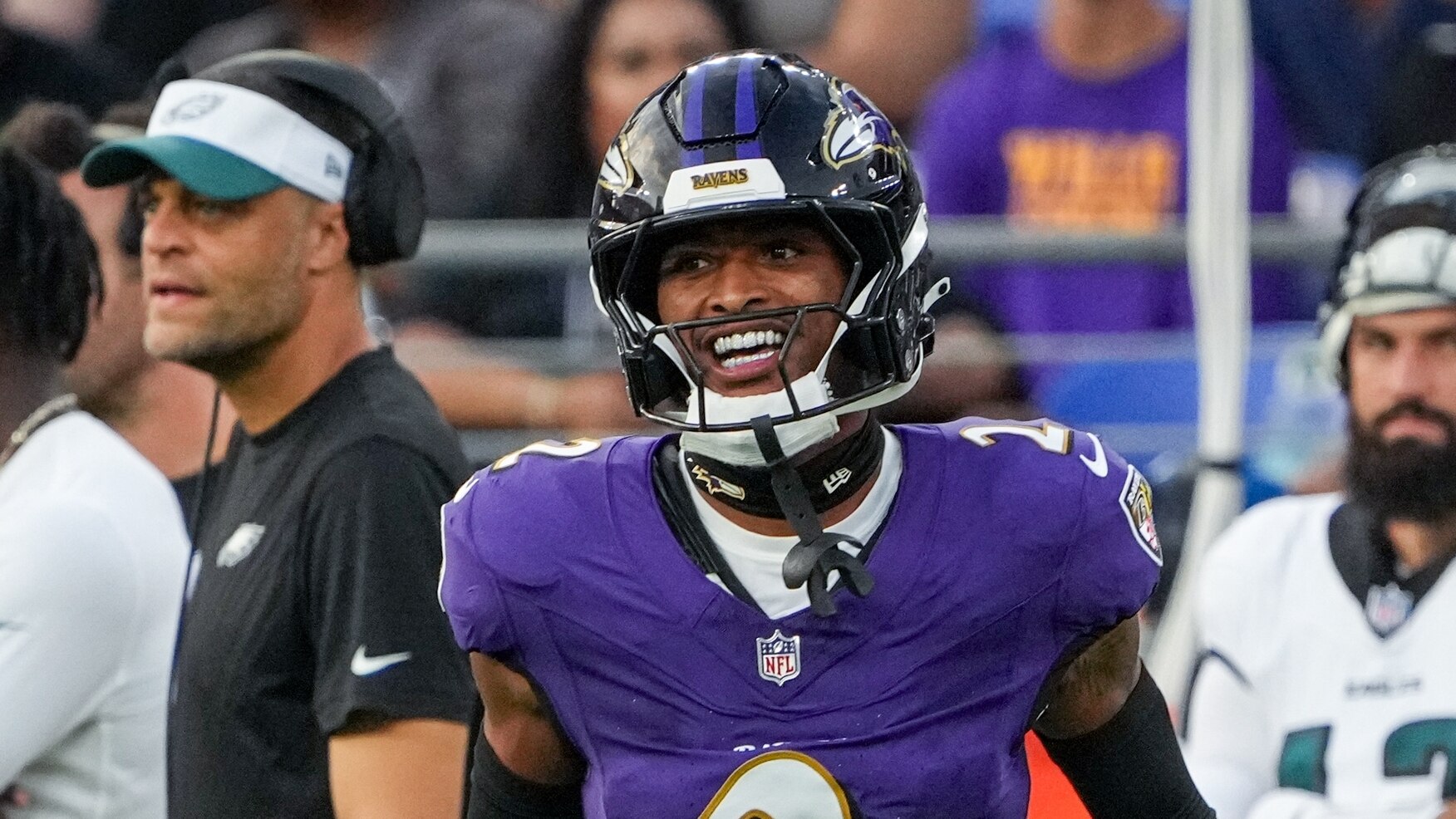 Baltimore Ravens cornerback Nate Wiggins (2) smiles after blocking a pass attempt during the team’s preseason game against the Philadelphia Eagles at M&T Bank Stadium in Baltimore on Friday, August 09, 2024.