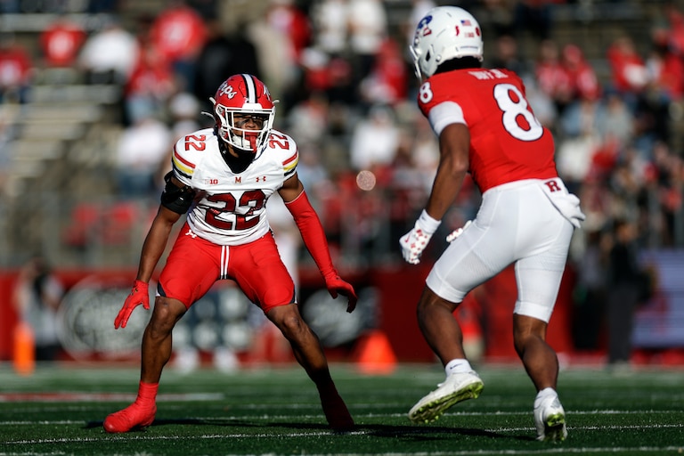 Maryland defensive back Jalen Huskey (22) defends during the first half of an NCAA college football game against Rutgers, Saturday, Nov. 8, 2025, in Piscataway, N.J.