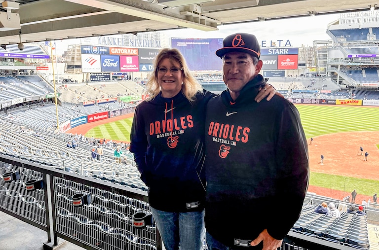 JR and Karen Gibson, Orioles pitcher Trey Gibson’s parents, made the trip to Yankee Stadium in New York to celebrate their son’s debut.