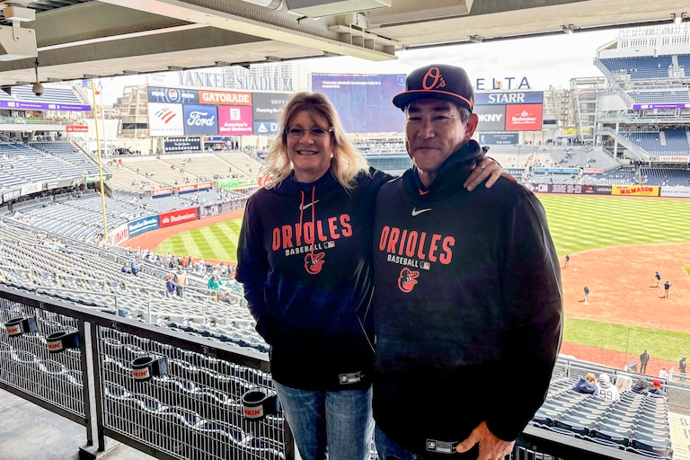 JR and Karen Gibson, Orioles pitcher Trey Gibson’s parents, made the trip to Yankee Stadium in New York to celebrate their son’s debut.