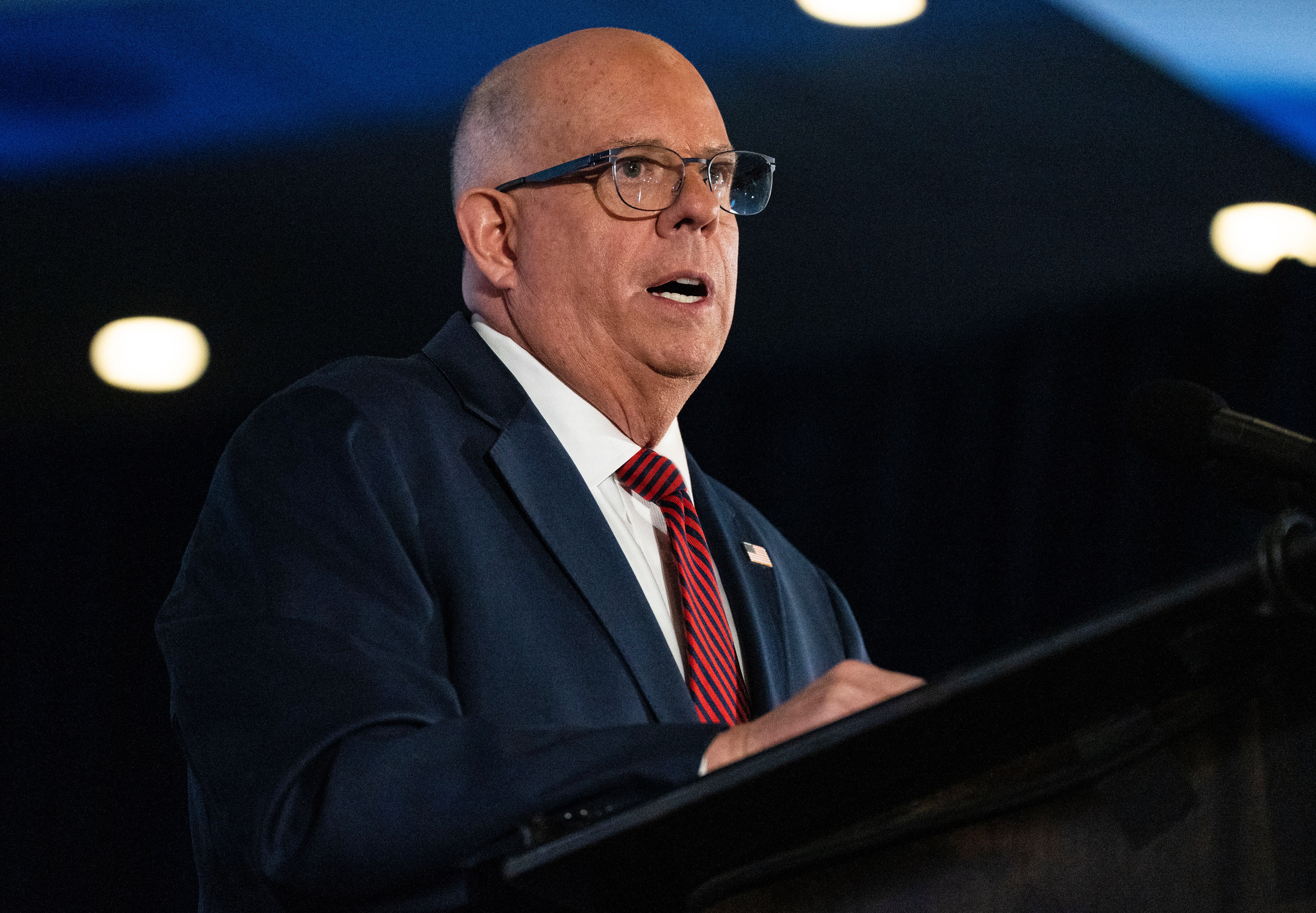 Former Gov. Larry Hogan gives a concession speech after losing U.S. senate seat at during his Election Night Victory Party held at The Graduate in Annapolis, on Tuesday, November 5, 2024.