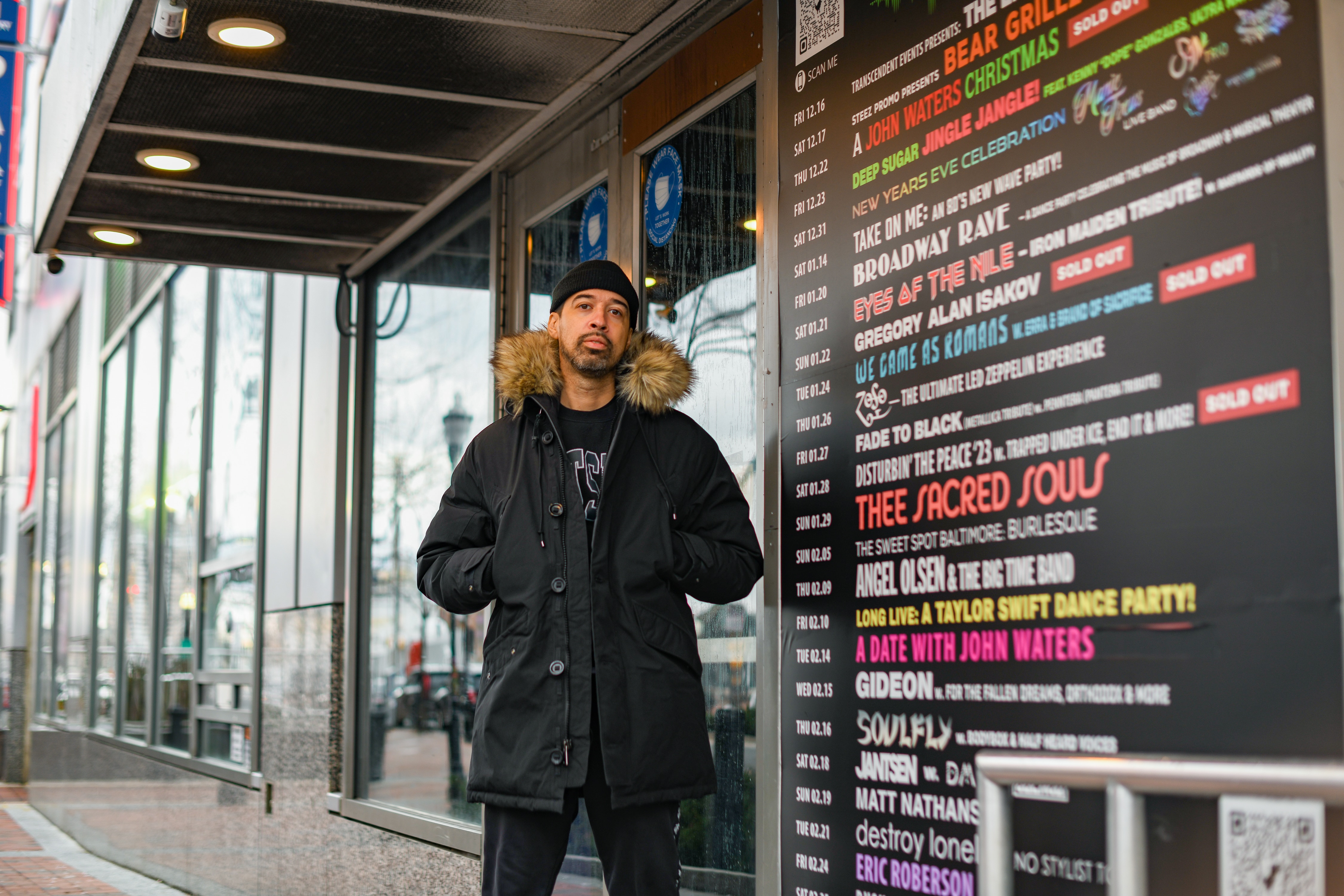 Founder and Co-Owner, Che Figueroa, of Flatspot Records, takes a portrait in front of Soundstage where his sold out artists will be performing on Jan. 28th in Baltimore, Md., January 23, 2023.