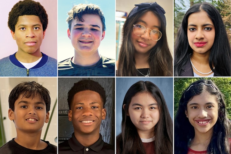 Maryland spellers, from left, Zwe Spacetime, 14; Quint Karlsson, 14; Lauren Merillana, 14; Thanvi Gatamaneni, 13; Vivaan Chintawar, 11; Ethan Atanga, 14; Megan Barrientos, 14; and Bindi Ray, 12.