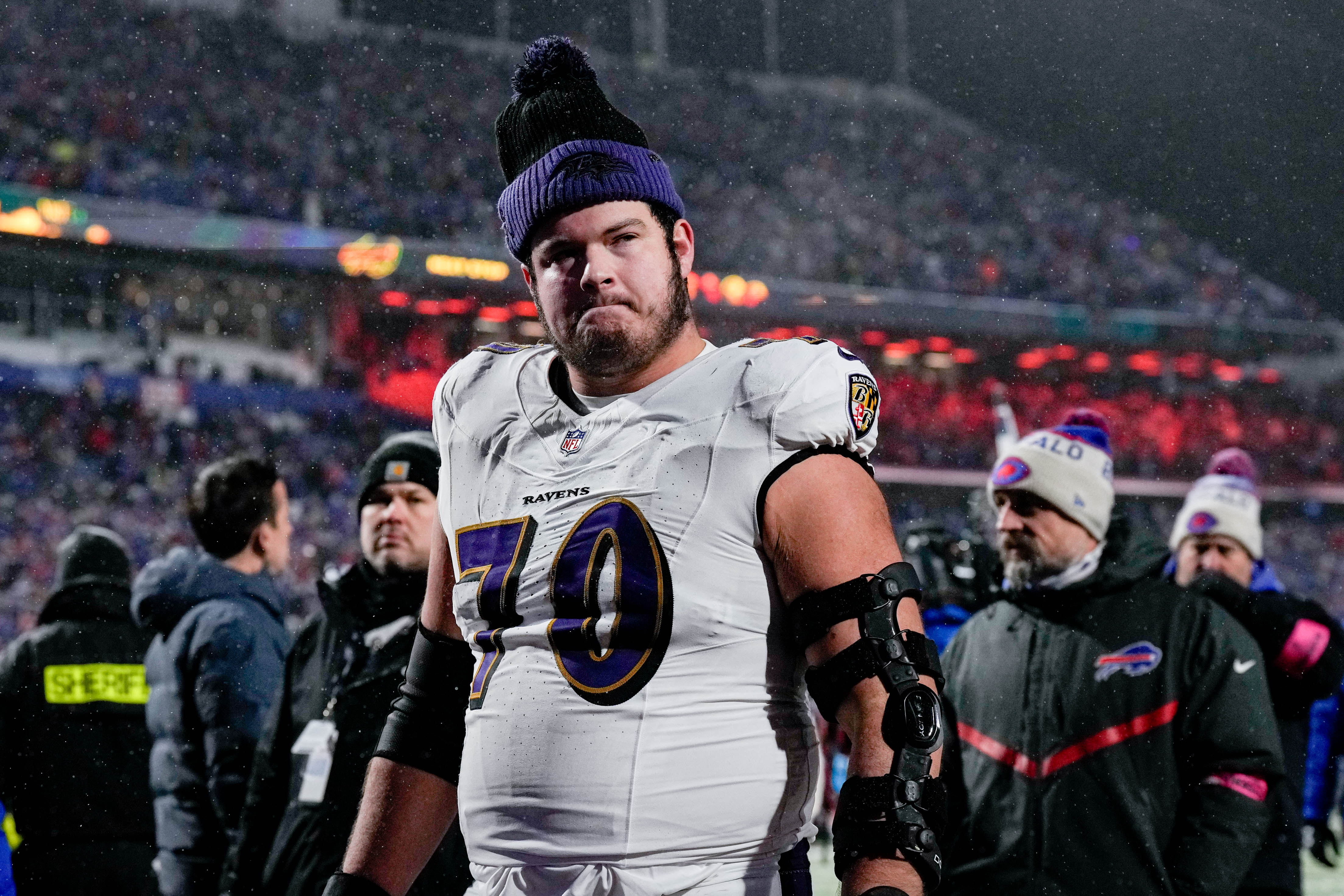 The Ravens found starting right tackle Roger Rosengarten, shown here leaving Highmark Stadium after the Ravens’ AFC divisional-round loss to the Bills, in the second round of the 2024 draft.
