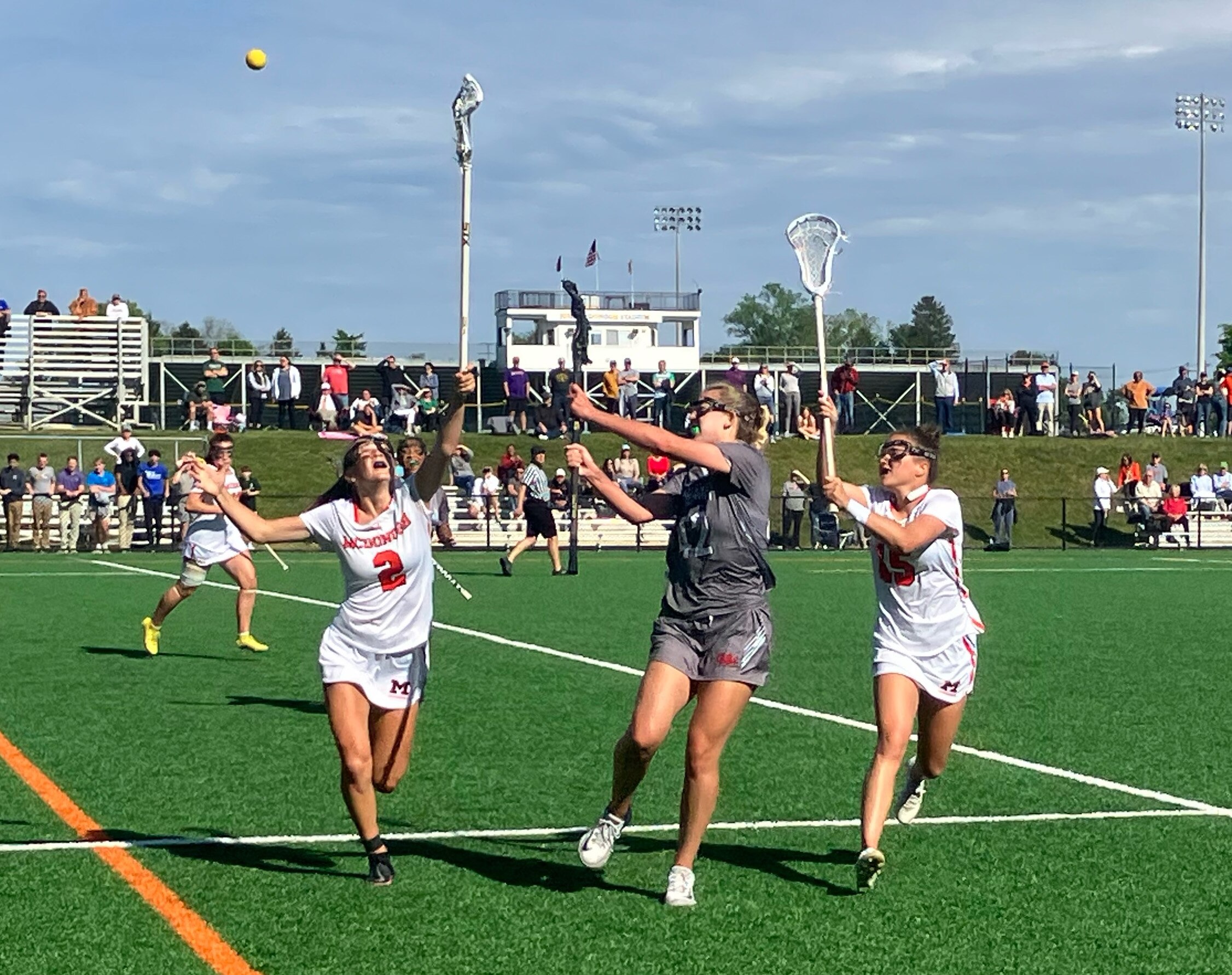 (From left) McDonogh junior midfielders Amanda Lawson and Remi Schaller double-team Glenelg Country School junior midfielder Maggie Flanagan in the No. 1 Eagles’ 13-4 victory in an IAAM A Conference semifinal on Tuesday. McDonogh will meet two-time defending champion St. Paul’s School for Girls for in the title game Friday night at USA Lacrosse’s Tierney Field in Sparks.