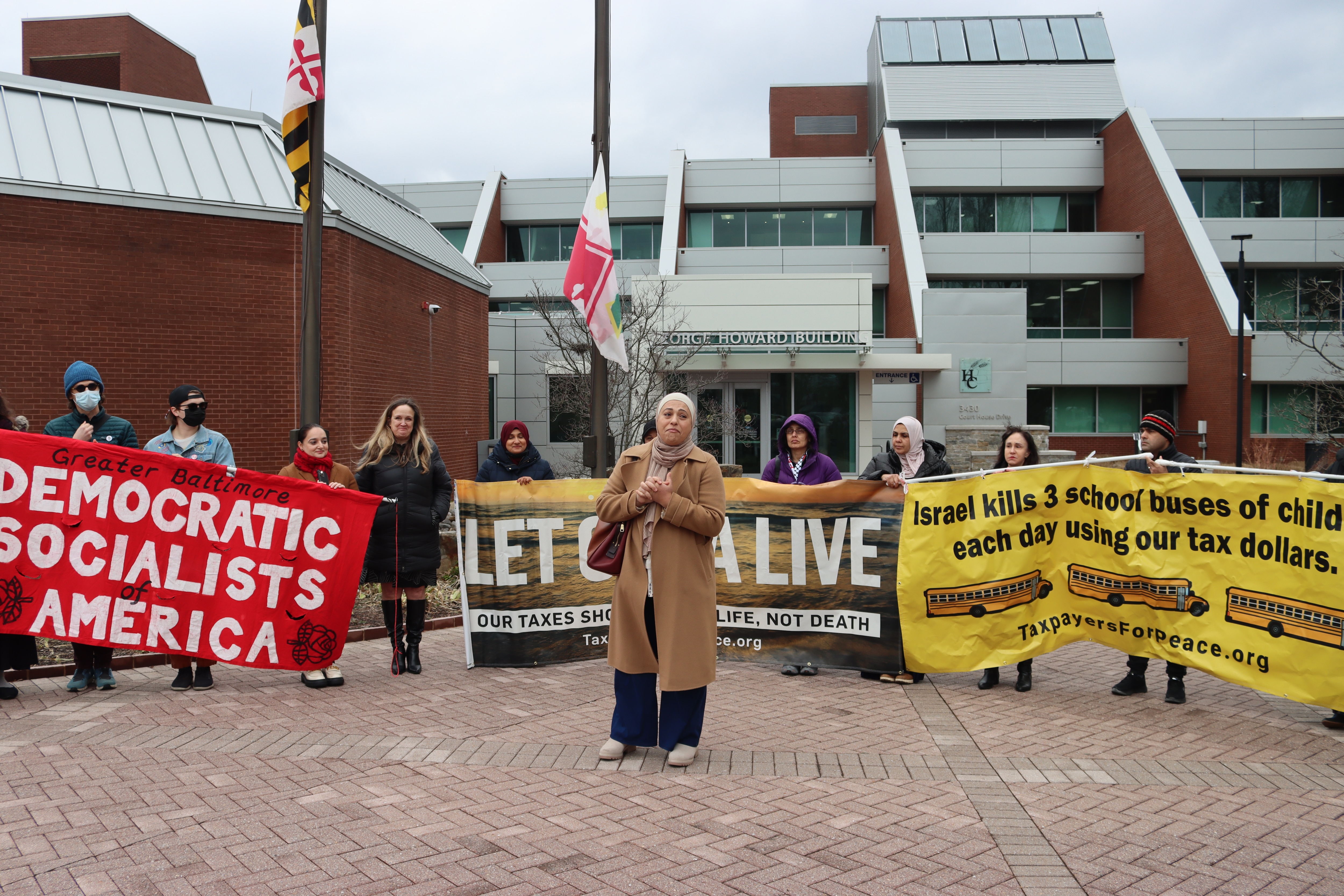 Howard County resident and Palestinian American Ruba Abukhdeir speaks at a press conference Friday, Feb. 2, 2024. The press conference was to demand that the Howard County Council allow public testimony on a resolution calling for a cease-fire in Gaza.