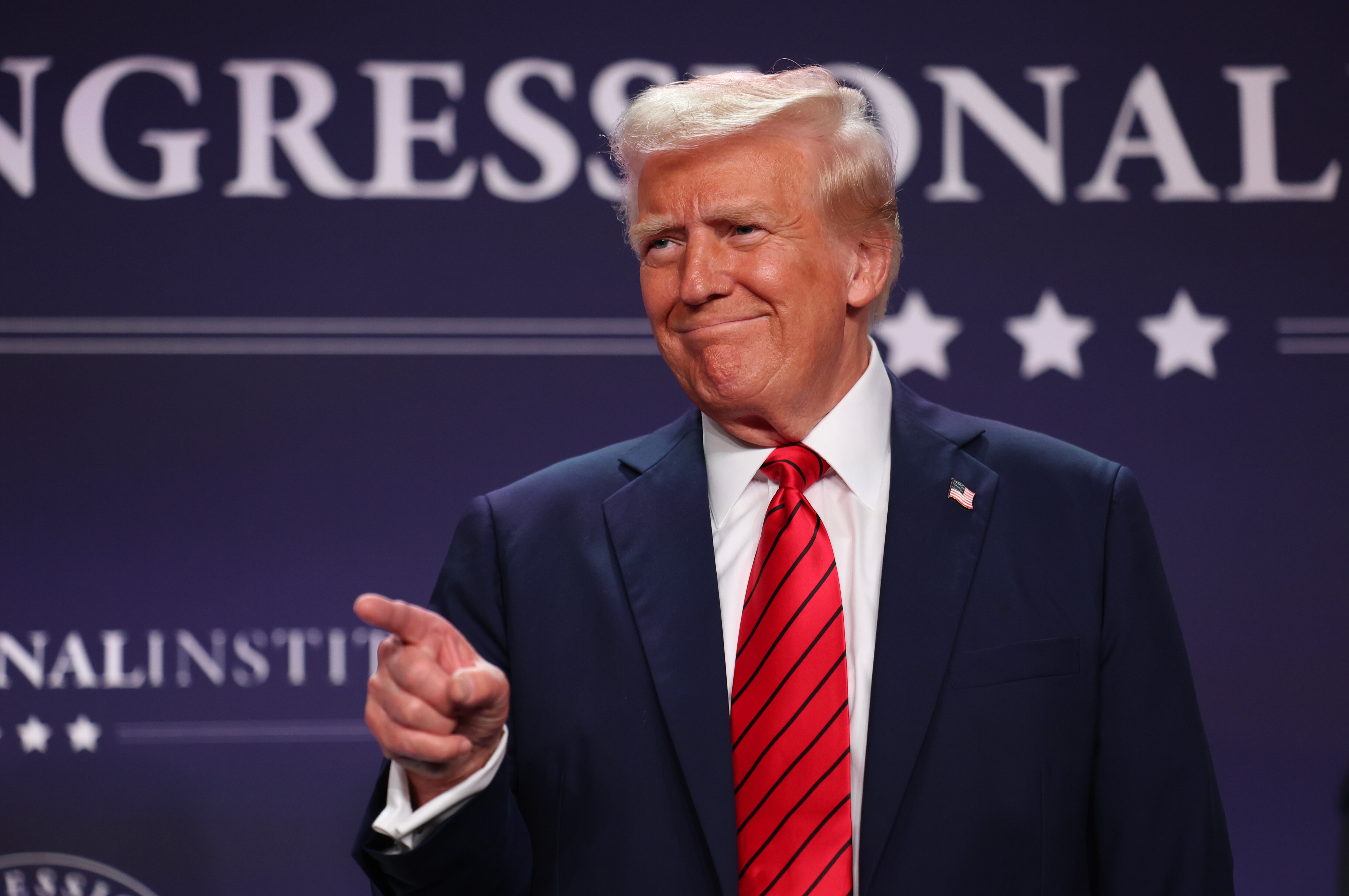 DORAL, FLORIDA - JANUARY 27:  U.S. President Donald Trump acknowledges the crowd before addressing the 2025 Republican Issues Conference at the Trump National Doral Miami on January 27, 2025 in Doral, Florida. The three-day planning session was expected to lay out Trump's ambitious legislative agenda. (Photo by Joe Raedle/Getty Images)
