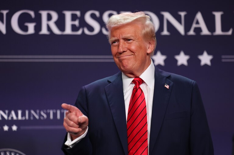 DORAL, FLORIDA - JANUARY 27: U.S. President Donald Trump acknowledges the crowd before addressing the 2025 Republican Issues Conference at the Trump National Doral Miami on January 27, 2025 in Doral, Florida. The three-day planning session was expected to lay out Trump's ambitious legislative agenda. (Photo by Joe Raedle/Getty Images)