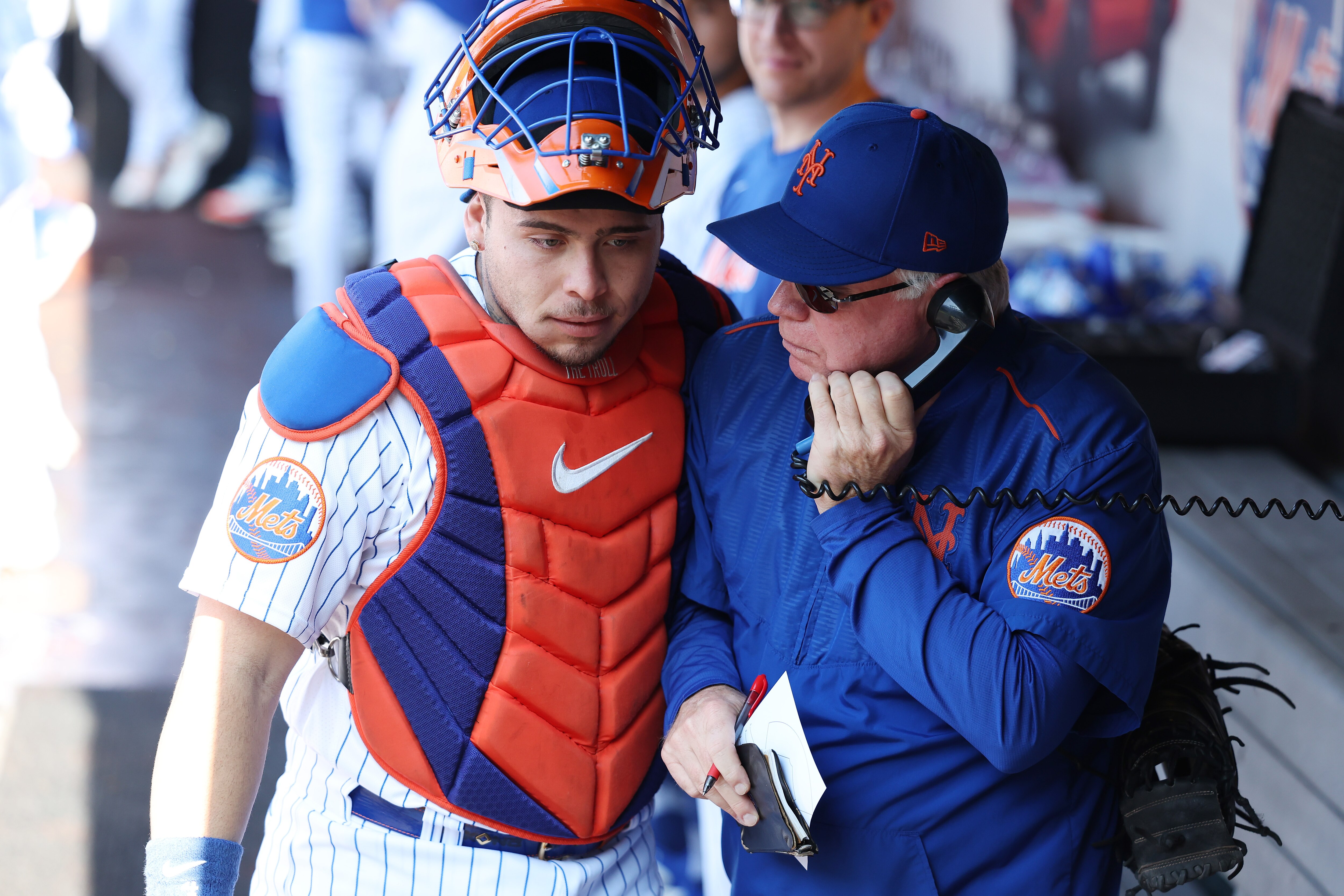 NEW YORK, NEW YORK - OCTOBER 01:  New York Mets Manager Buck Showalter looks on as he gets a hug from Francisco Alvarez #4 of the New York Mets during their game against the Philadelphia Phillies at Citi Field on October 01, 2023 in New York City.  Buck Showalter announced before the game he would not be returning as the Mets manager next year.  (Photo by Al Bello/Getty Images)