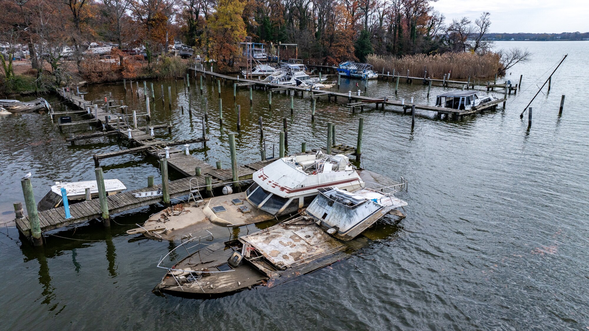 Sunken boats are seen at Essex Yacht Harbor Marina near Cox Point. 