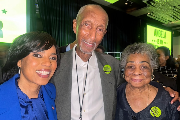 James Alsobrooks with his daughter Angela, left, and his wife Patricia, right, on the night that Angela was elected United States Senator in 2024.