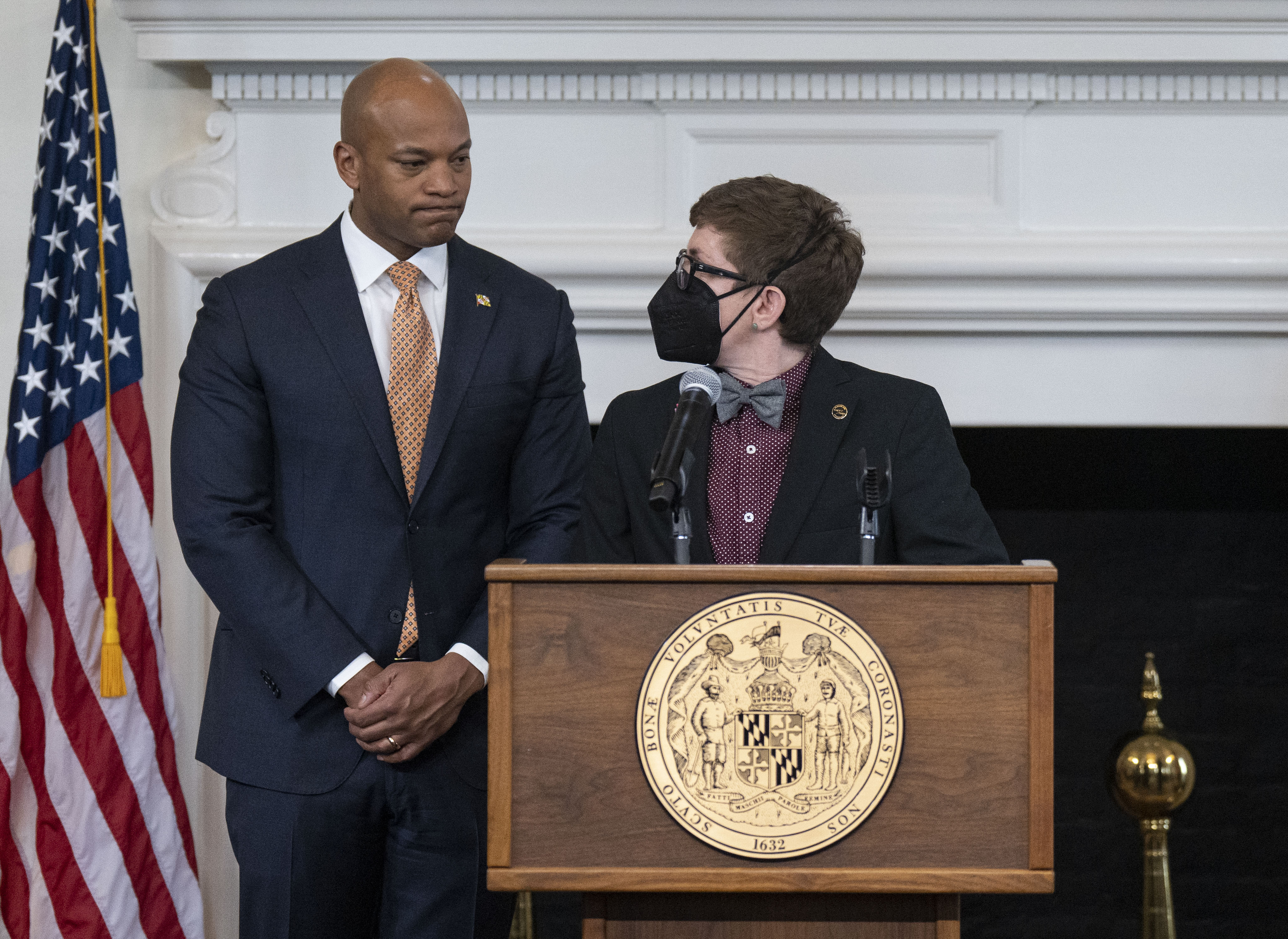 Lee Blinder, founding executive director of Trans Maryland, speaks to Maryland Gov. Wes Moore during a ceremony for the International Day for Transgender Visibility. Blinder called out the governor for not backing up his words with action.