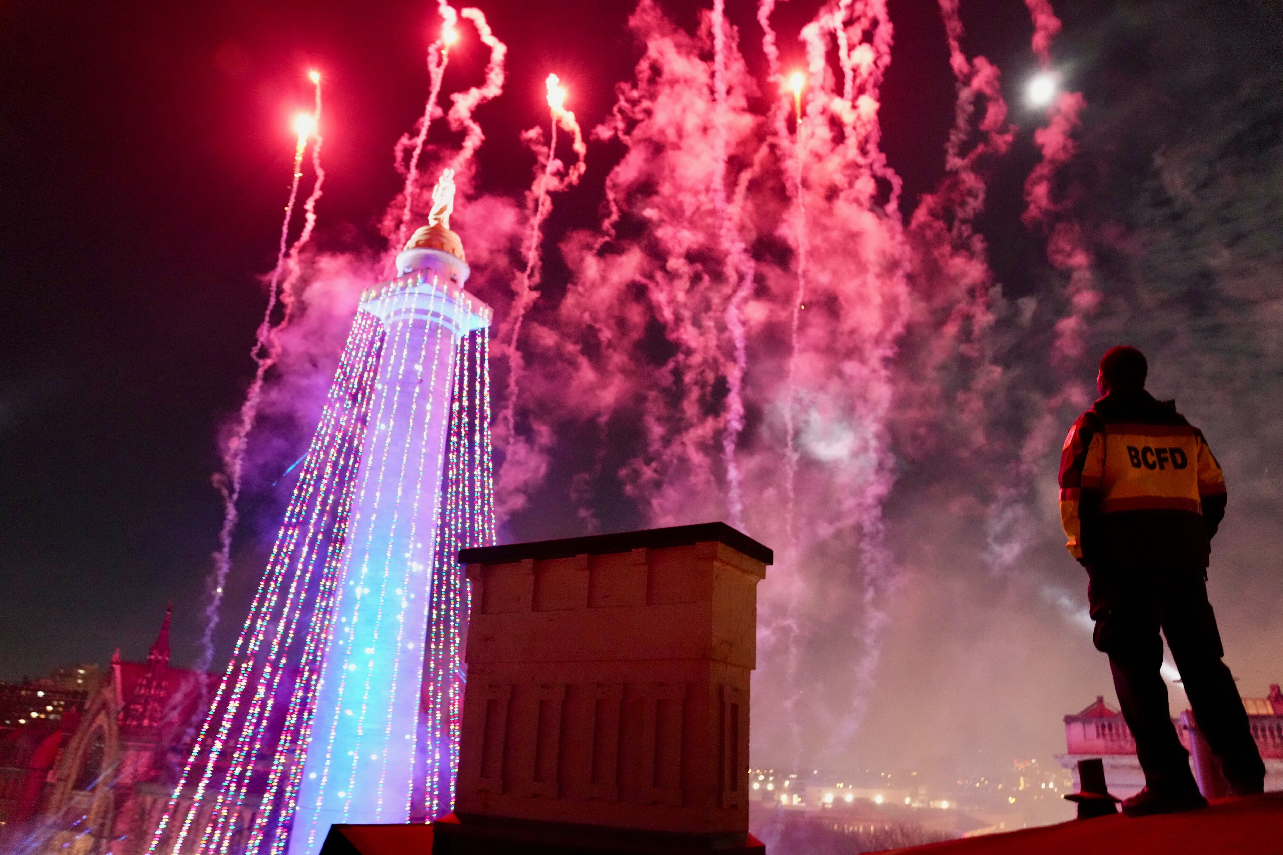 The fireworks display during the 2025 Monument Lighting Ceremony at Mount Vernon Place in Baltimore, Md. on Thursday, December 4, 2025.