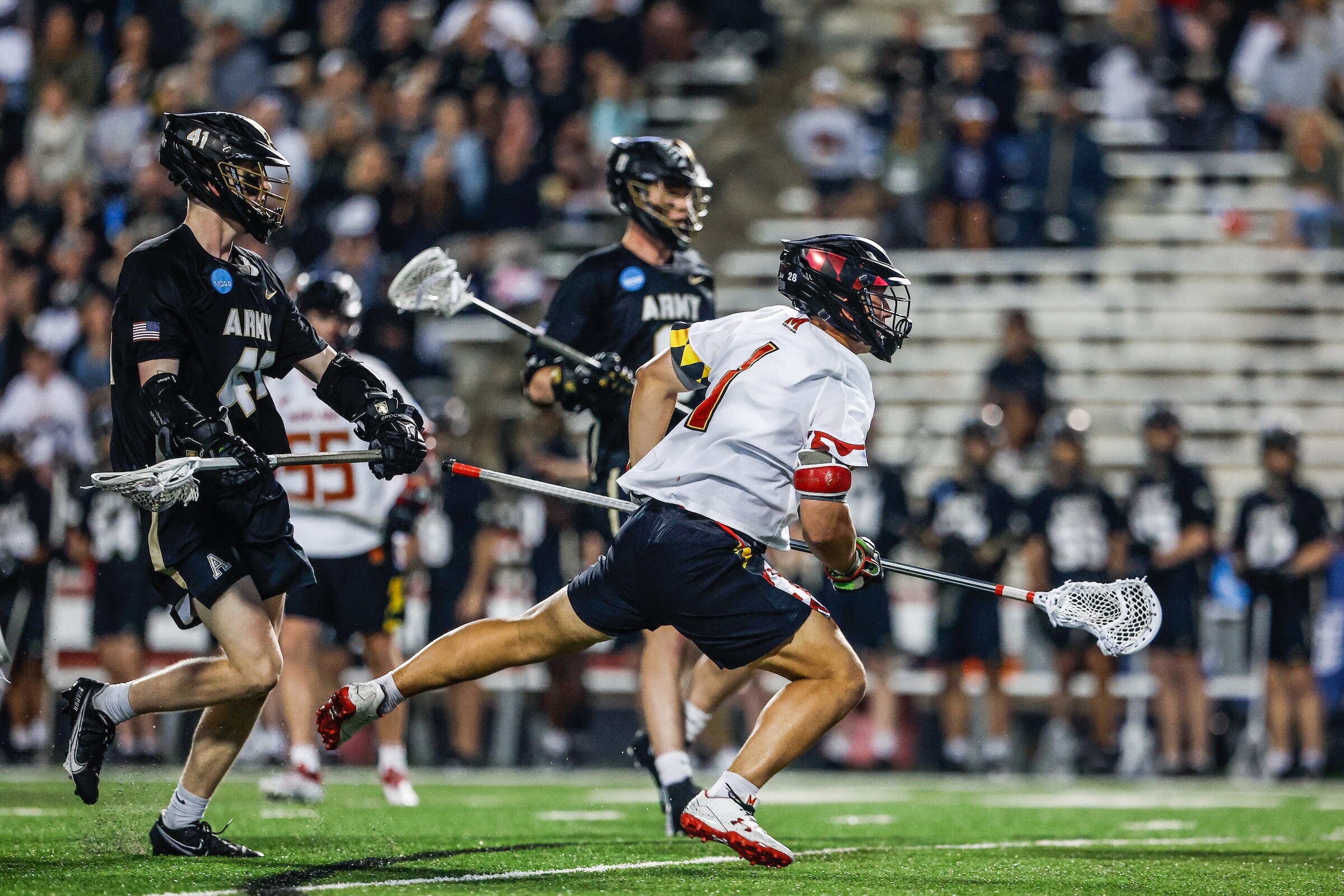 Brett Makar (1) makes a play for Maryland men’s lacrosse vs. Army during Round 1 of the NCAA Tournament in College Park, MD on Saturday, May. 13, 2023.