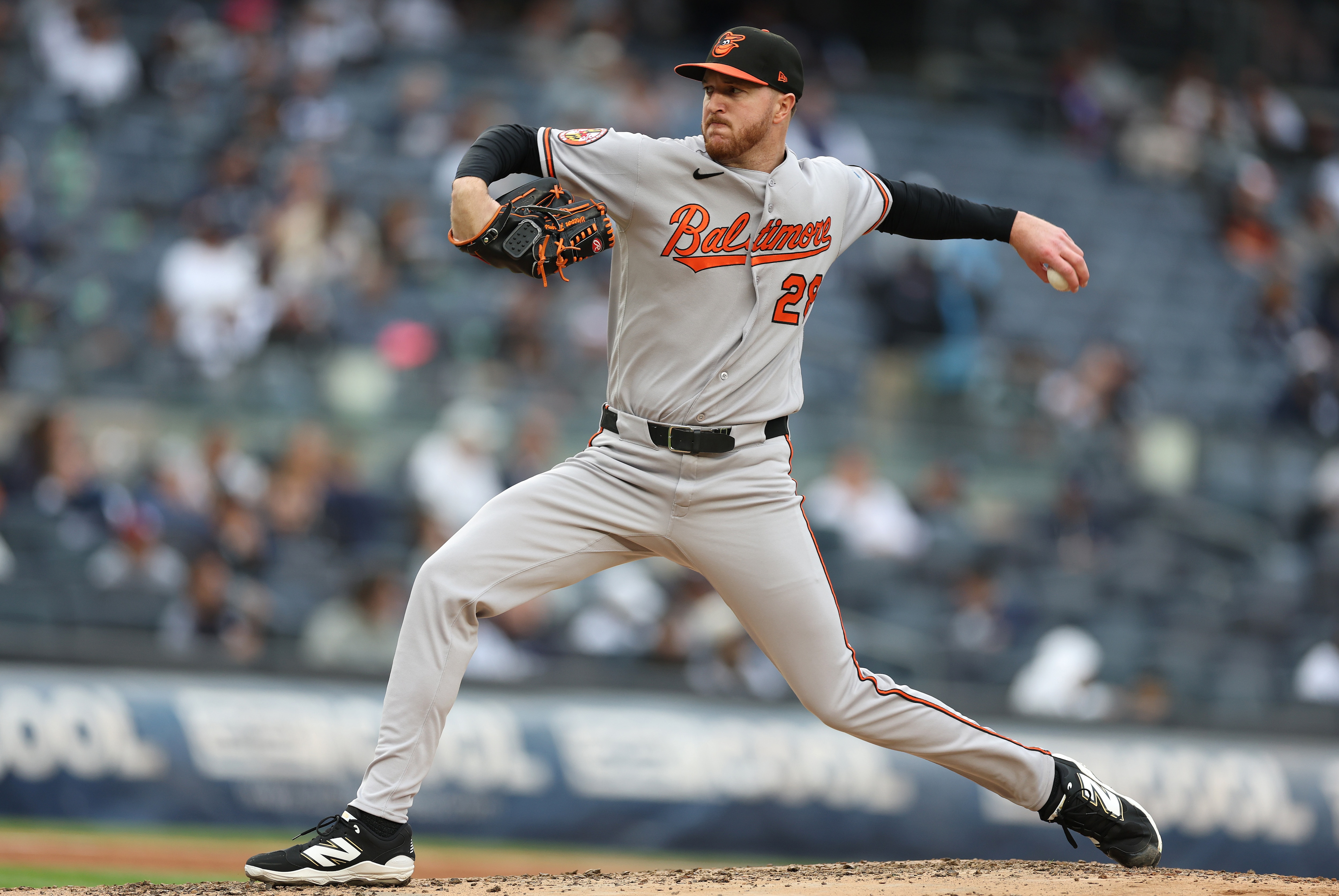 NEW YORK, NEW YORK - SEPTEMBER 25: Trevor Rogers #28 of the Baltimore Orioles pitches against the New York Yankees during their game at Yankee Stadium on September 25, 2026 in New York City. (Photo by Al Bello/Getty Images)
