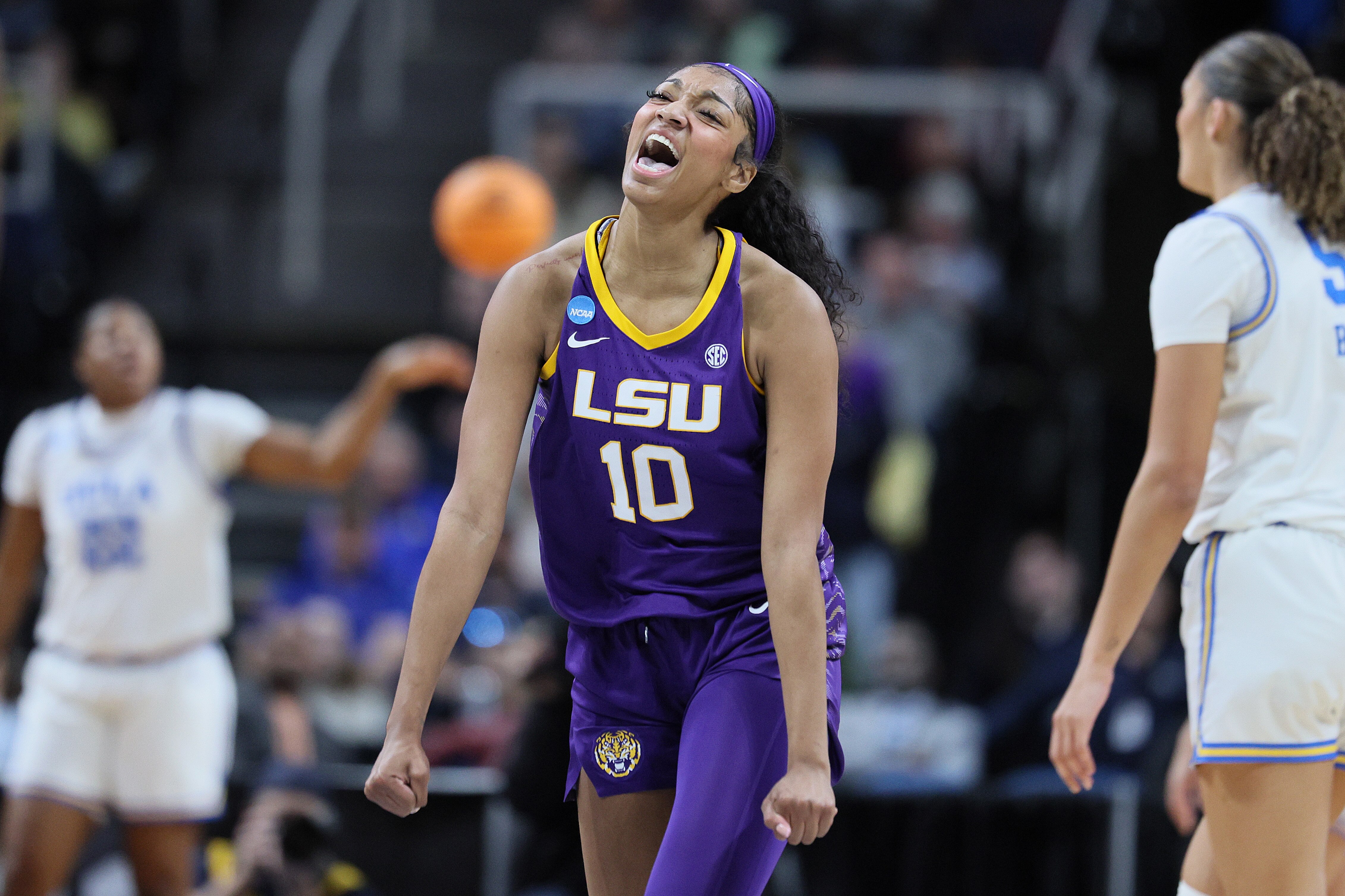 Angel Reese posted 16 points and 11 rebounds before fouling out of the LSU victory over UCLA on Saturday in the NCAA tournament.