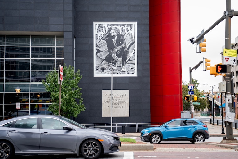 A rendering of Frederick Douglass titled “Frederick Douglass / Liberty” outside the Reginald F. Lewis Museum of Maryland African American History and Culture in Baltimore, Md., on Wednesday, Oct. 2, 2024.