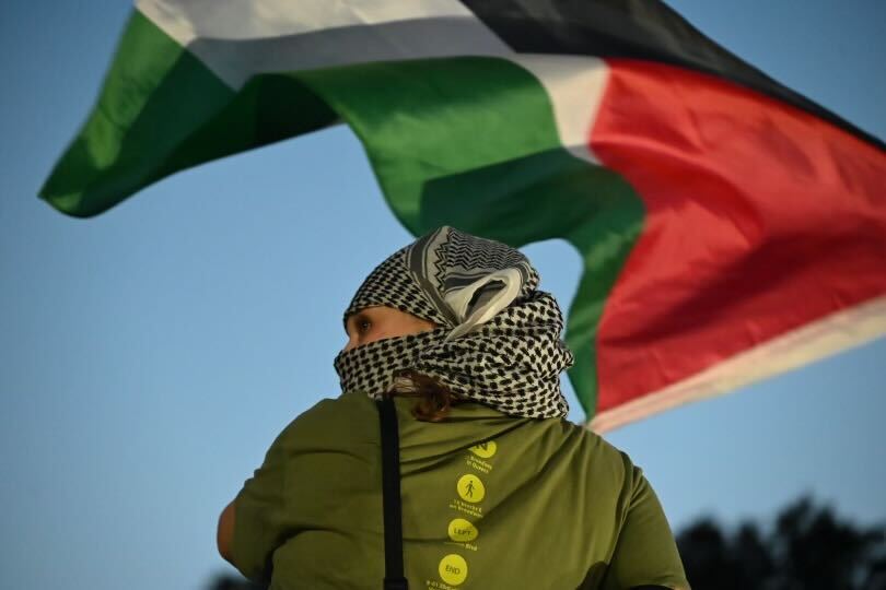 A demonstrator at the Johns Hopkins University waves the Palestinian flag.