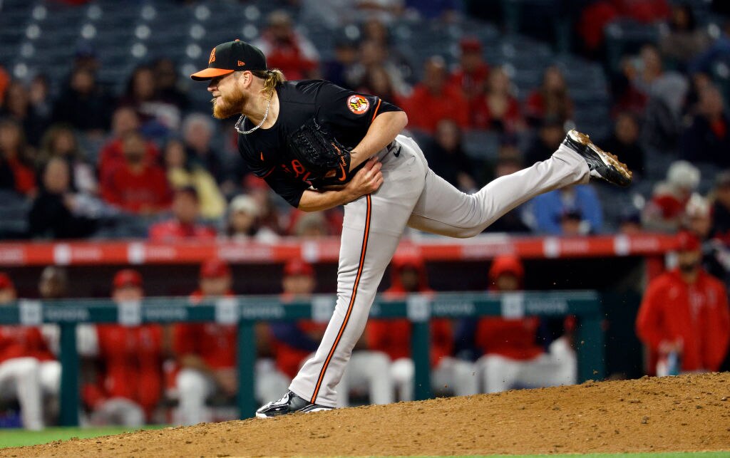 ANAHEIM, CALIFORNIA - APRIL 22: Relief pitcher Craig Kimbrel #46 of the Baltimore Orioles closes the game against the Los Angeles Angels. He took sole control of seventh place on the all-time saves list. (Photo by Kevork Djansezian/Getty Images)