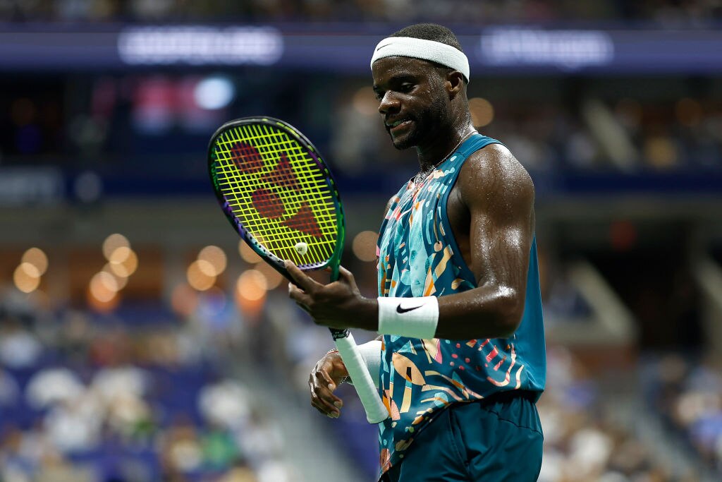 Frances Tiafoe of the United States reacts against Ben Shelton of the United States during their Men’s Singles Quarterfinal match on Day Nine of the 2023 US Open at the USTA Billie Jean King National Tennis Center on Sept. 5, 2023 in the Flushing neighborhood of the Queens borough of New York City.