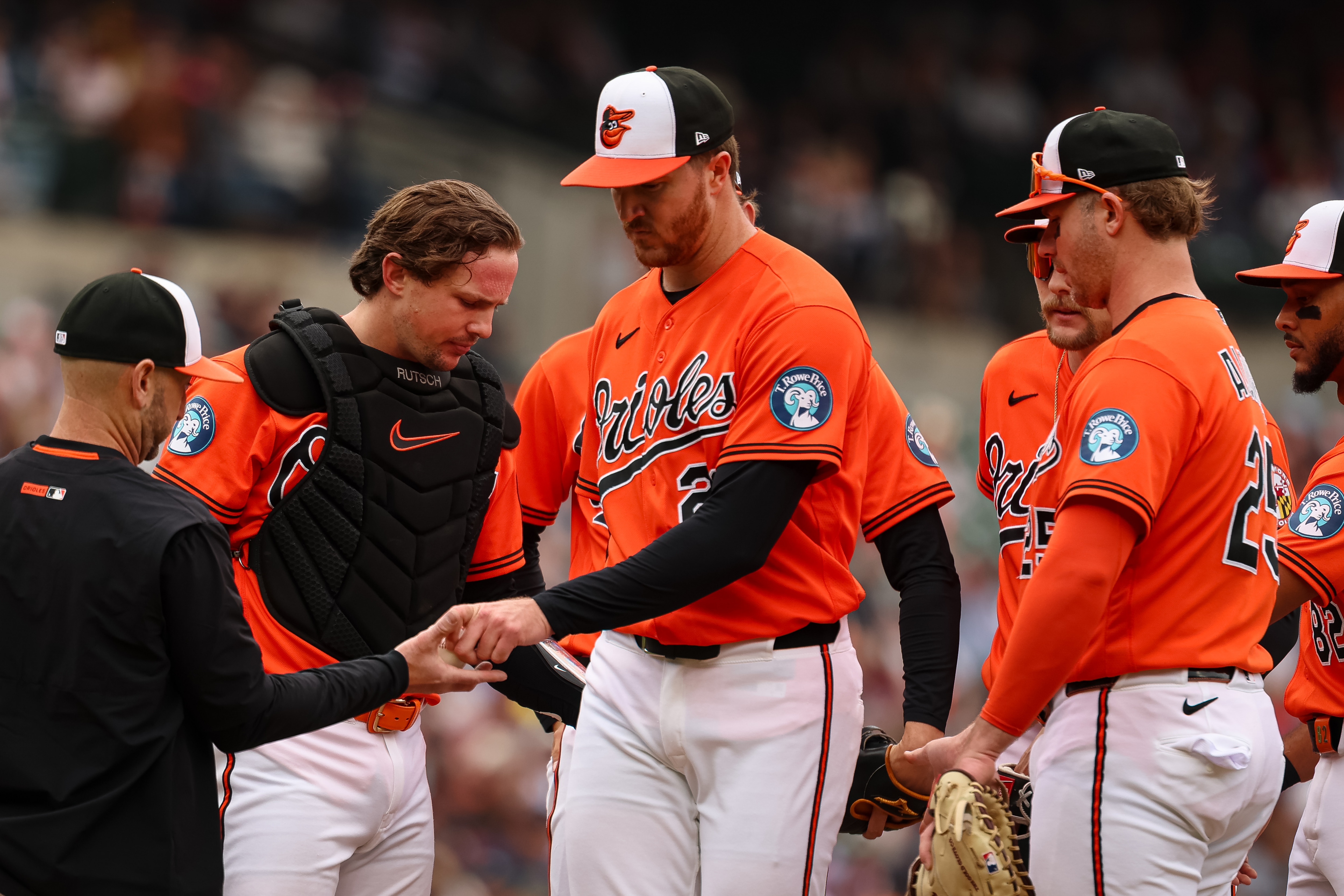 Trevor Rogers hands the ball to manager Craig Albernaz as he is removed from Saturday’s game during the second inning.